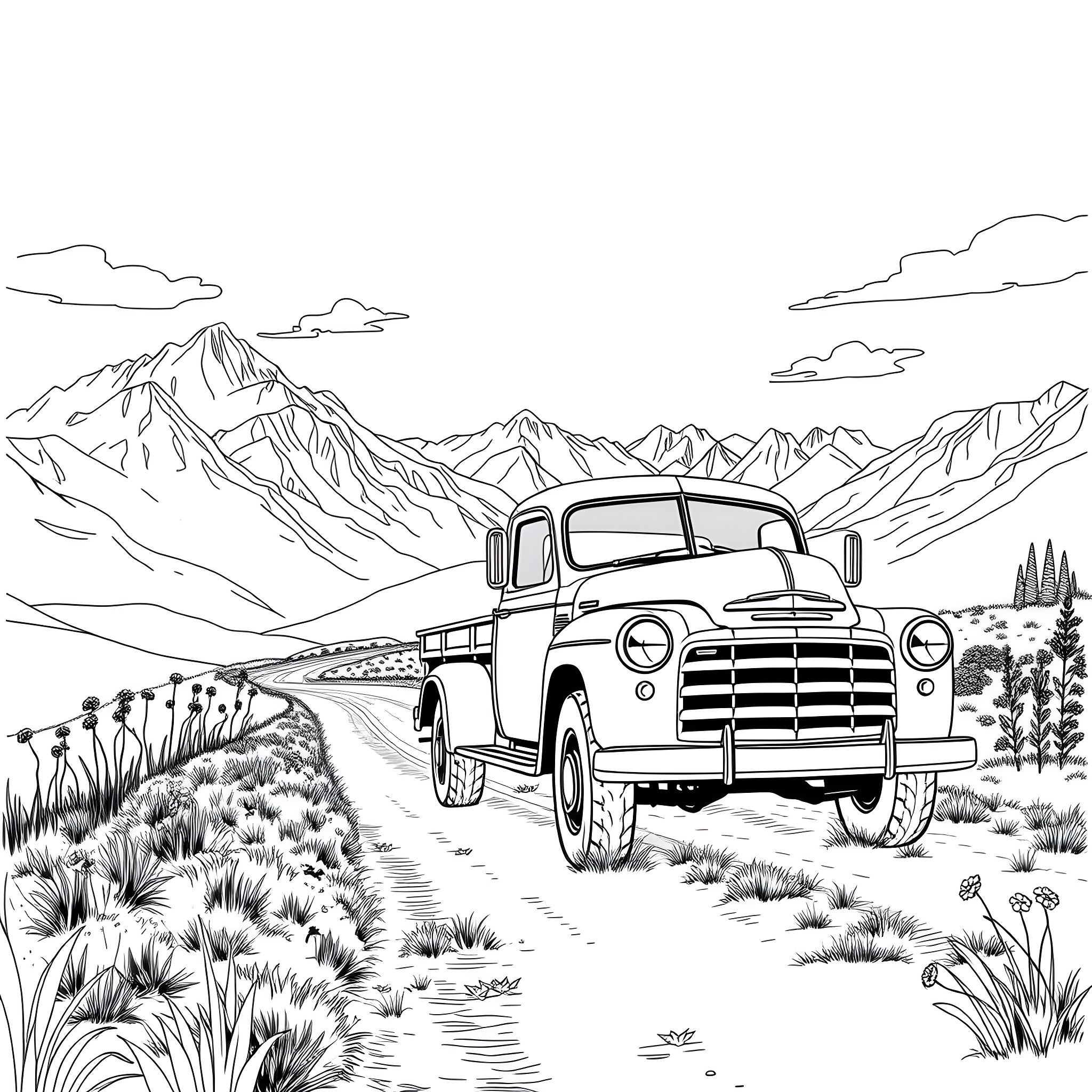 Truck travels through scenic mountain landscape Coloring Page (free black-and-white line drawing printable PDF for all, from beginners to advanced learners, including children, teens, adults, and seniors)
