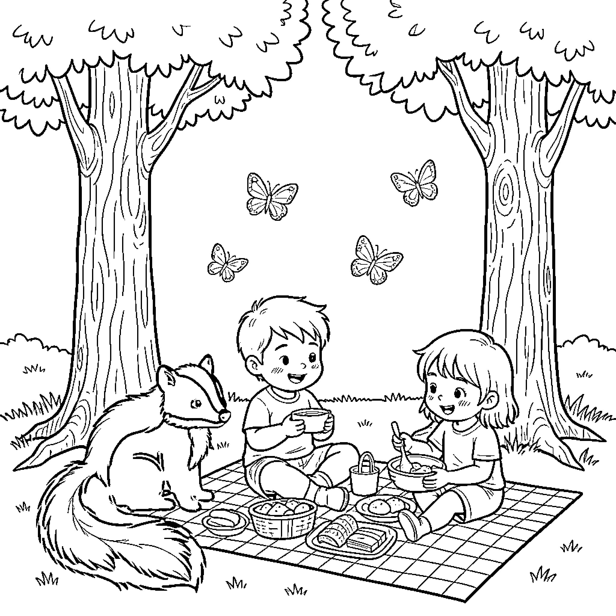 Skunk picnicking with children in the forest Coloring Page (free black-and-white line drawing printable PDF for all, from beginners to advanced learners, including children, teens, adults, and seniors)