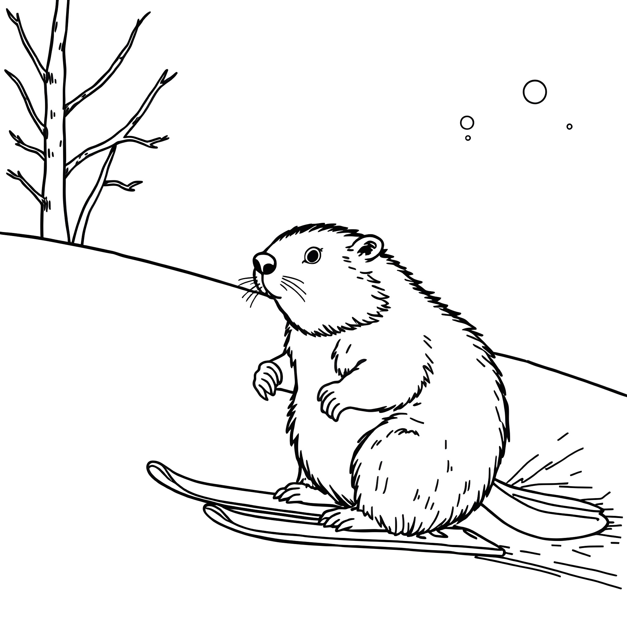 Beaver resting on a log by the water Coloring Page (free black-and-white line drawing printable PDF for all, from beginners to advanced learners, including children, teens, adults, and seniors)
