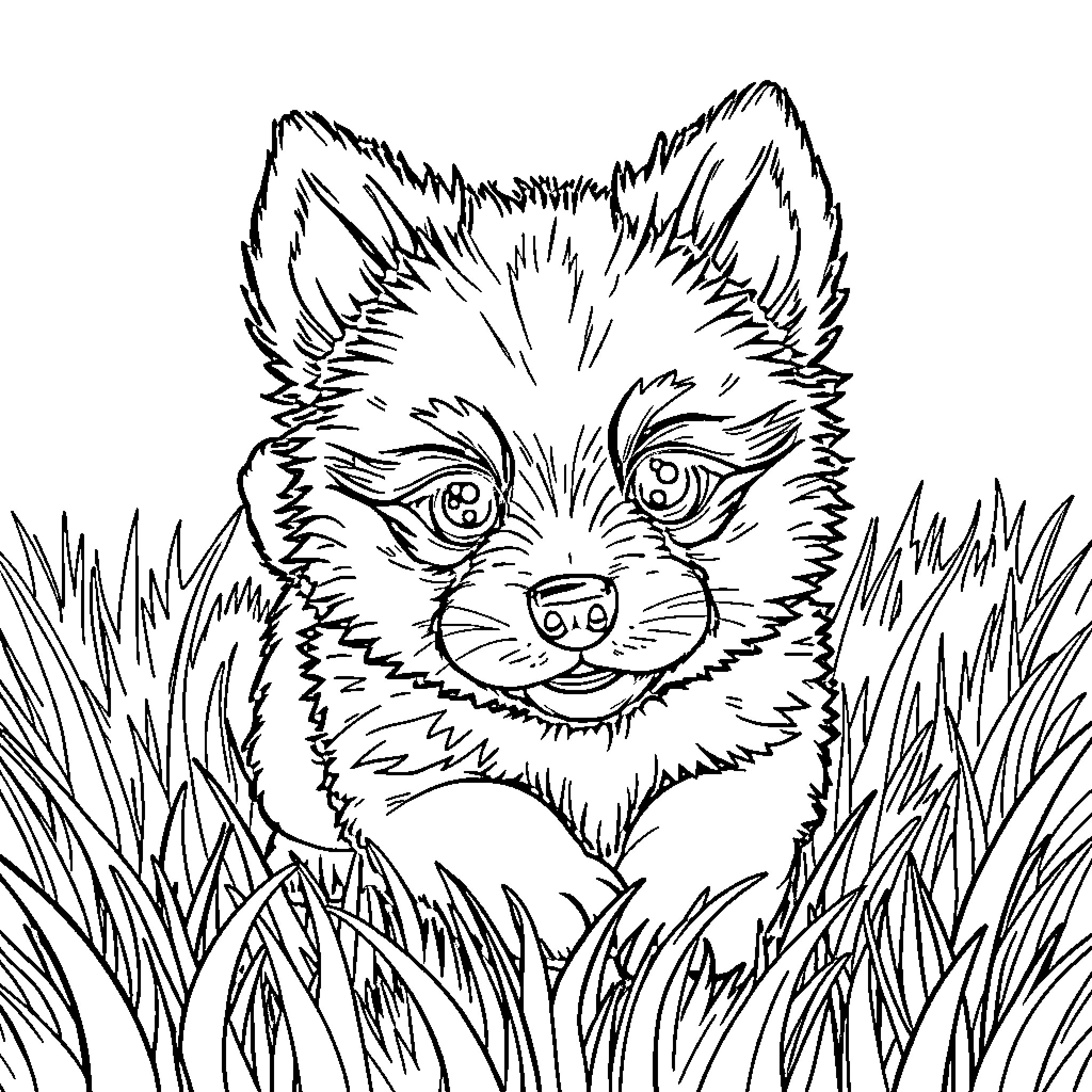 Labubu the Playful Fox in the Meadow Coloring Page (free black-and-white line drawing printable PDF for all, from beginners to advanced learners, including children, teens, adults, and seniors)