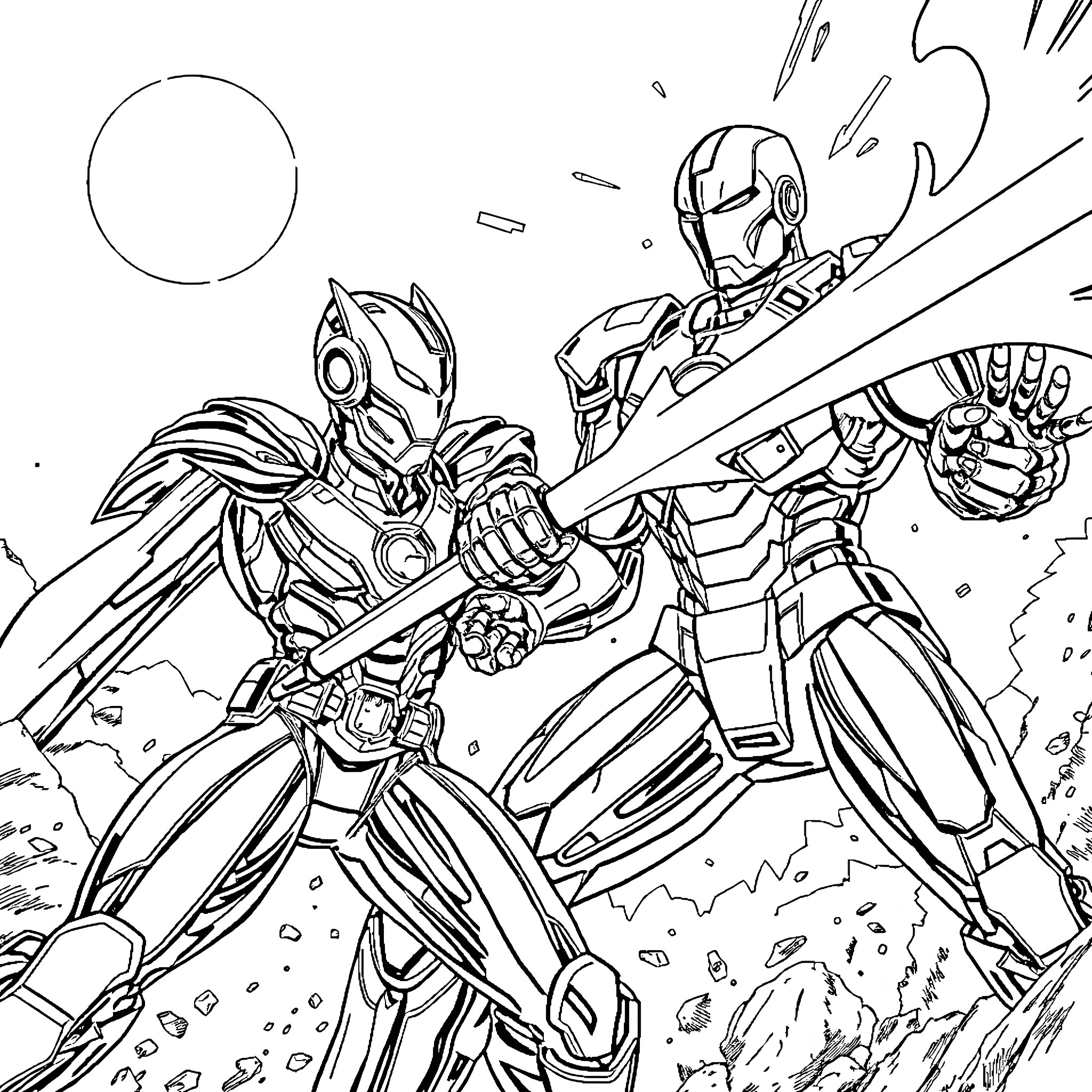 Tekkaman warriors in intense battle action Coloring Page (free black-and-white line drawing printable PDF for all, from beginners to advanced learners, including children, teens, adults, and seniors)
