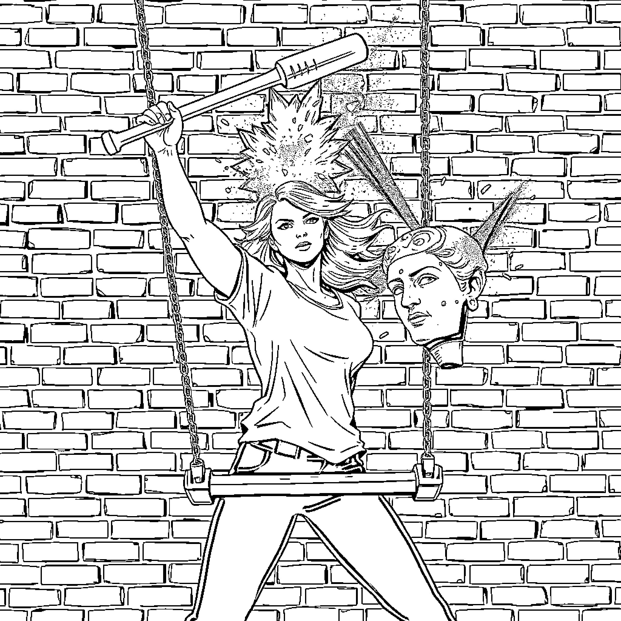 Woman battling against an opponent on a brick wall Coloring Page (free black-and-white line drawing printable PDF for all, from beginners to advanced learners, including children, teens, adults, and seniors)