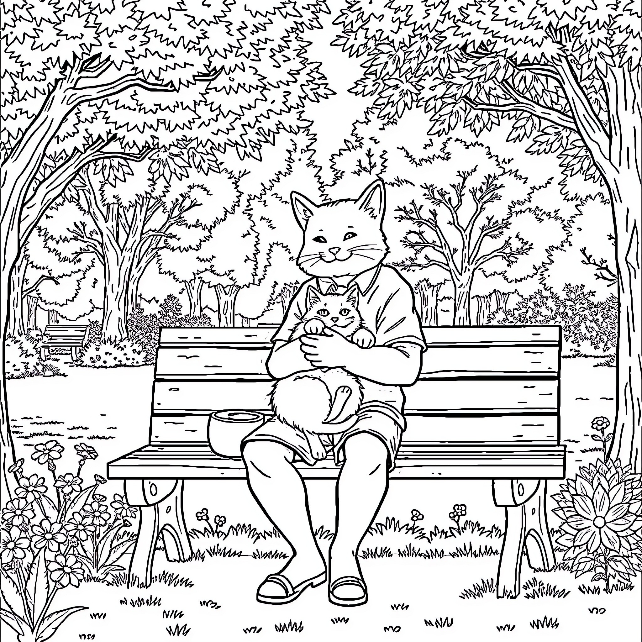 Batam Cat Enjoying a Peaceful Day in the Park Coloring Page (free black-and-white line drawing printable PDF for all, from beginners to advanced learners, including children, teens, adults, and seniors)