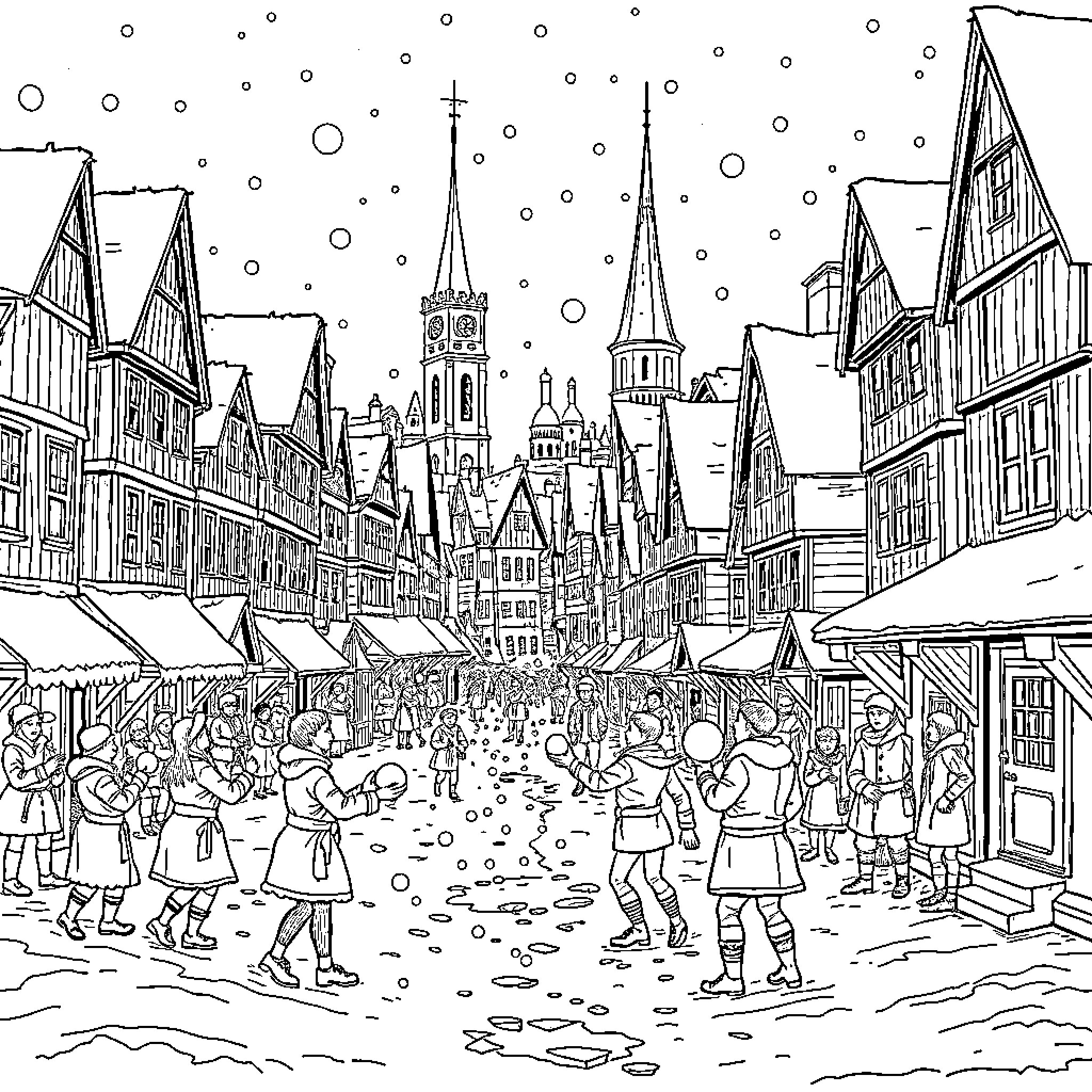Town with Bustling Market and Snowy Scenery Coloring Page (free black-and-white line drawing printable PDF for all, from beginners to advanced learners, including children, teens, adults, and seniors)