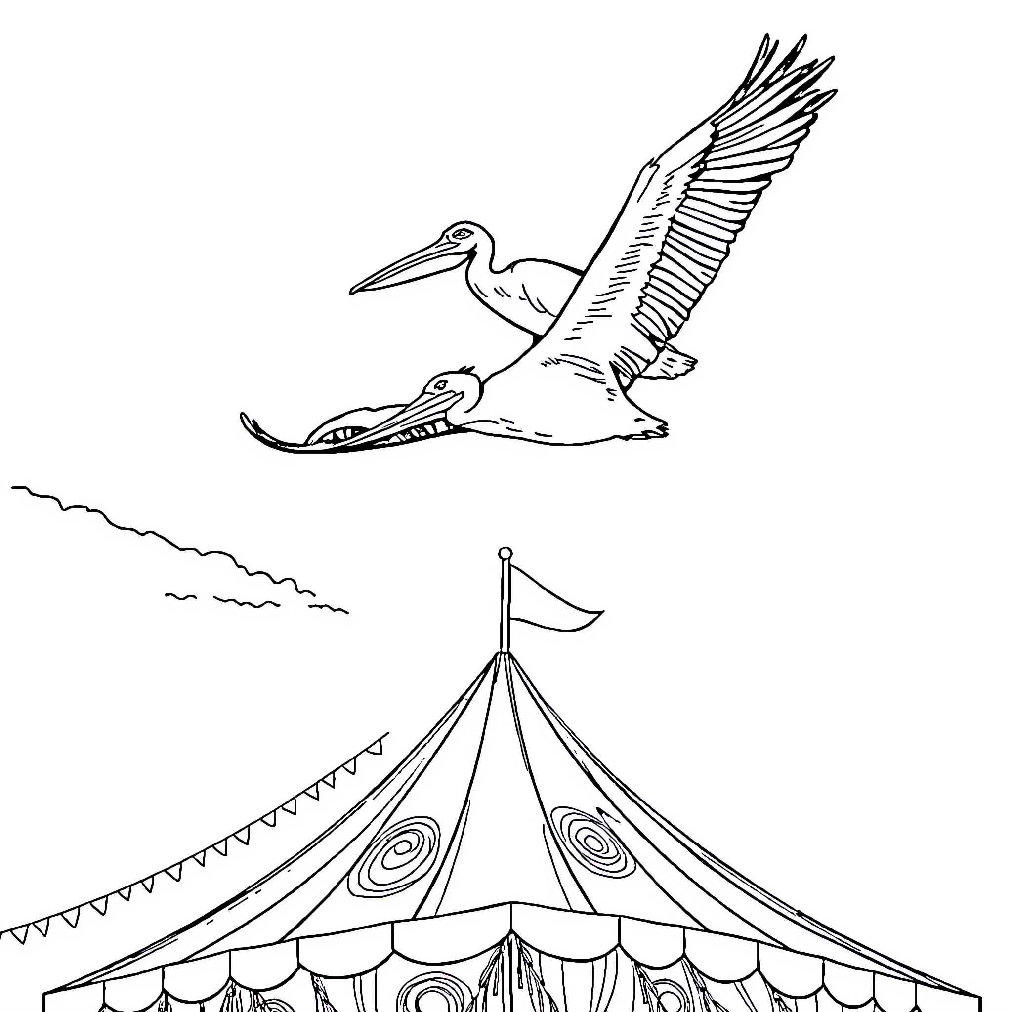 Pelican soaring above a festive circus tent Coloring Page (free black-and-white line drawing printable PDF for all, from beginners to advanced learners, including children, teens, adults, and seniors)