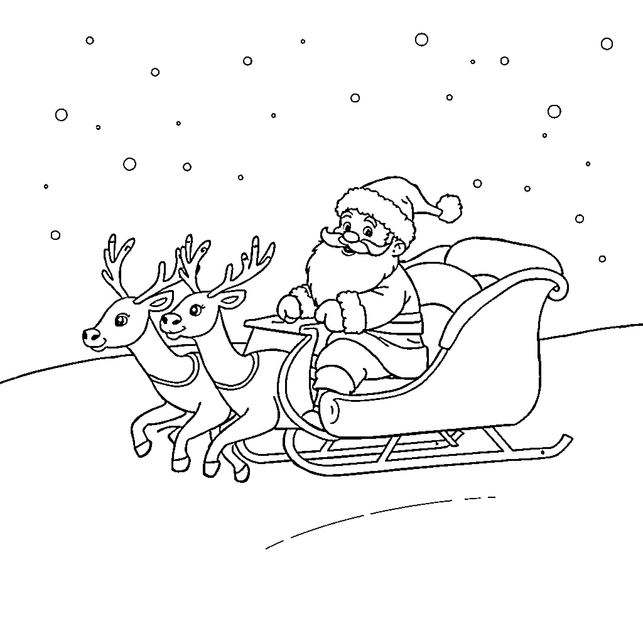 Santa Claus riding a sleigh pulled by reindeer Coloring Page (free black-and-white line drawing printable PDF for all, from beginners to advanced learners, including children, teens, adults, and seniors)