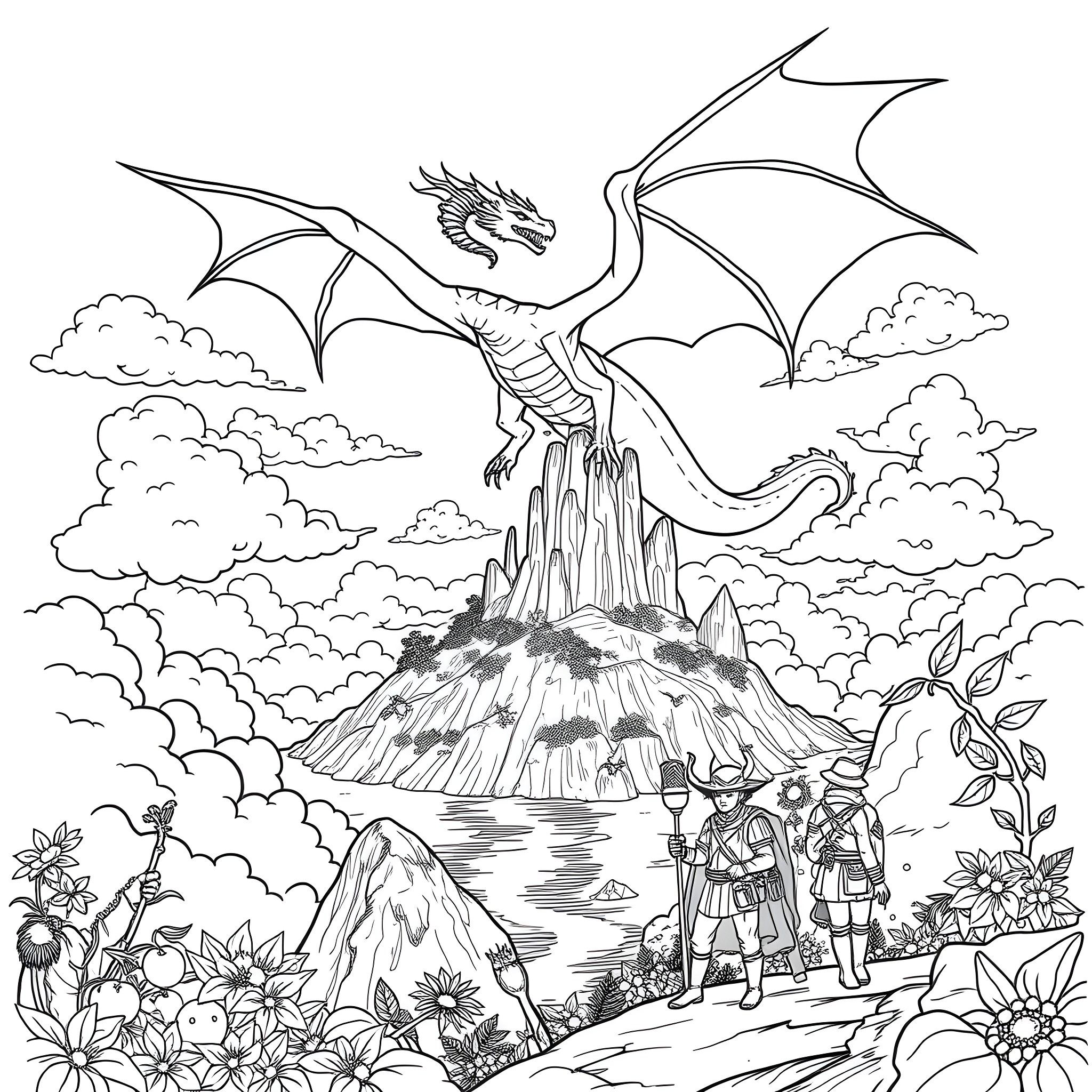Dragon emerging from the clouds above a fantastical landscape Coloring Page (free black-and-white line drawing printable PDF for all, from beginners to advanced learners, including children, teens, adults, and seniors)