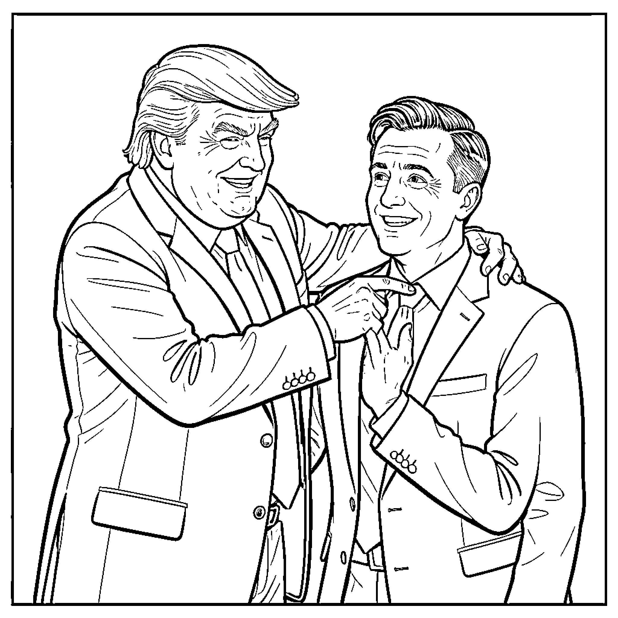 Trump smiling while adjusting another man's necktie Coloring Page (free black-and-white line drawing printable PDF for all, from beginners to advanced learners, including children, teens, adults, and seniors)