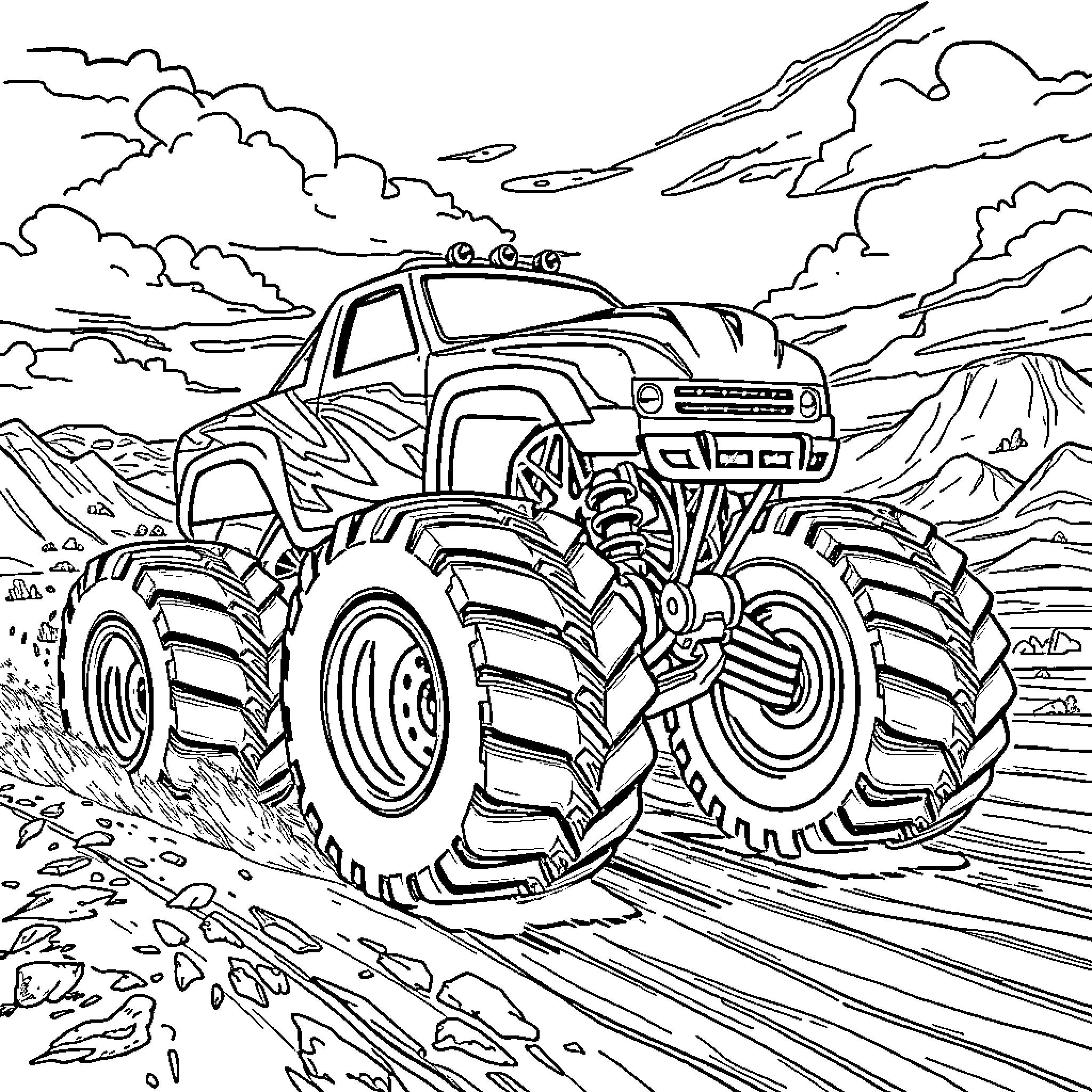 Monster Truck Driving Through Rugged Landscape Coloring Page (free black-and-white line drawing printable PDF for all, from beginners to advanced learners, including children, teens, adults, and seniors)