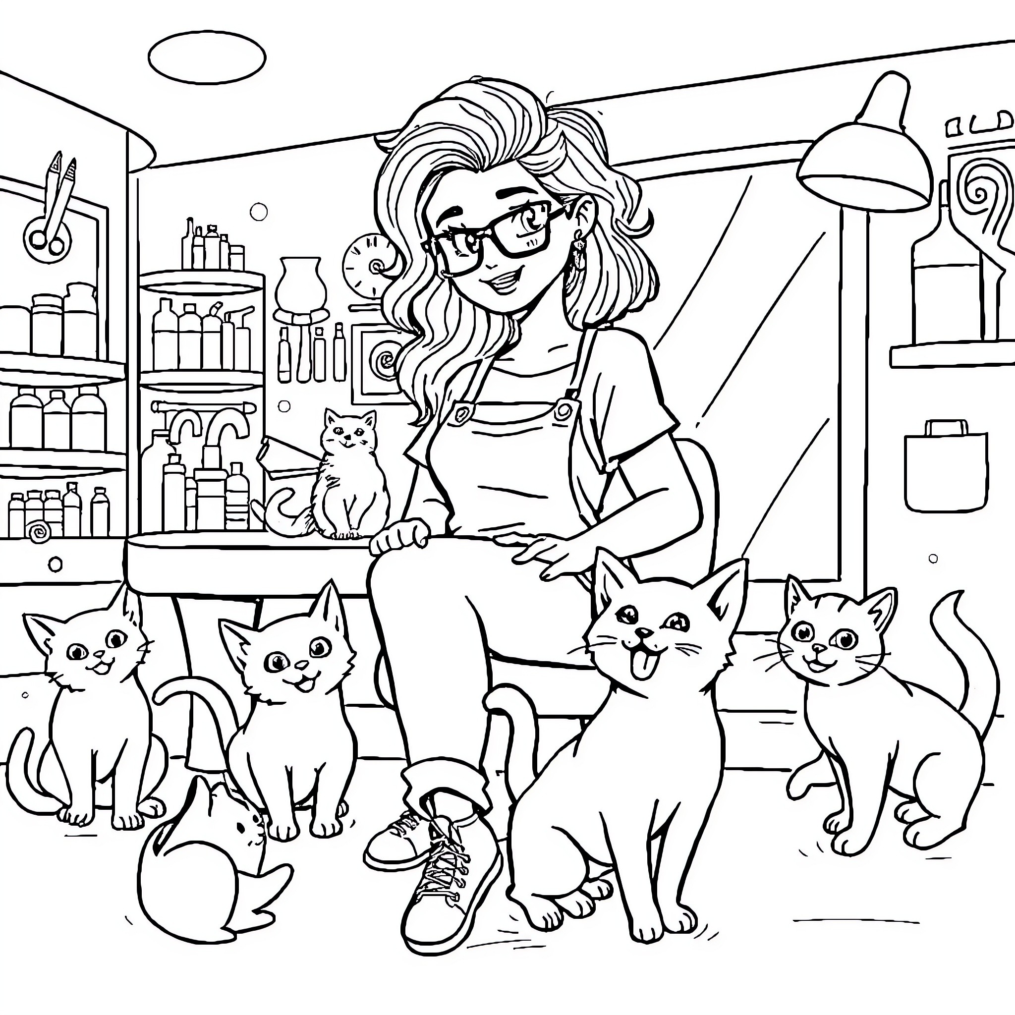 Hairdresser surrounded by playful kittens in the salon Coloring Page (free black-and-white line drawing printable PDF for all, from beginners to advanced learners, including children, teens, adults, and seniors)
