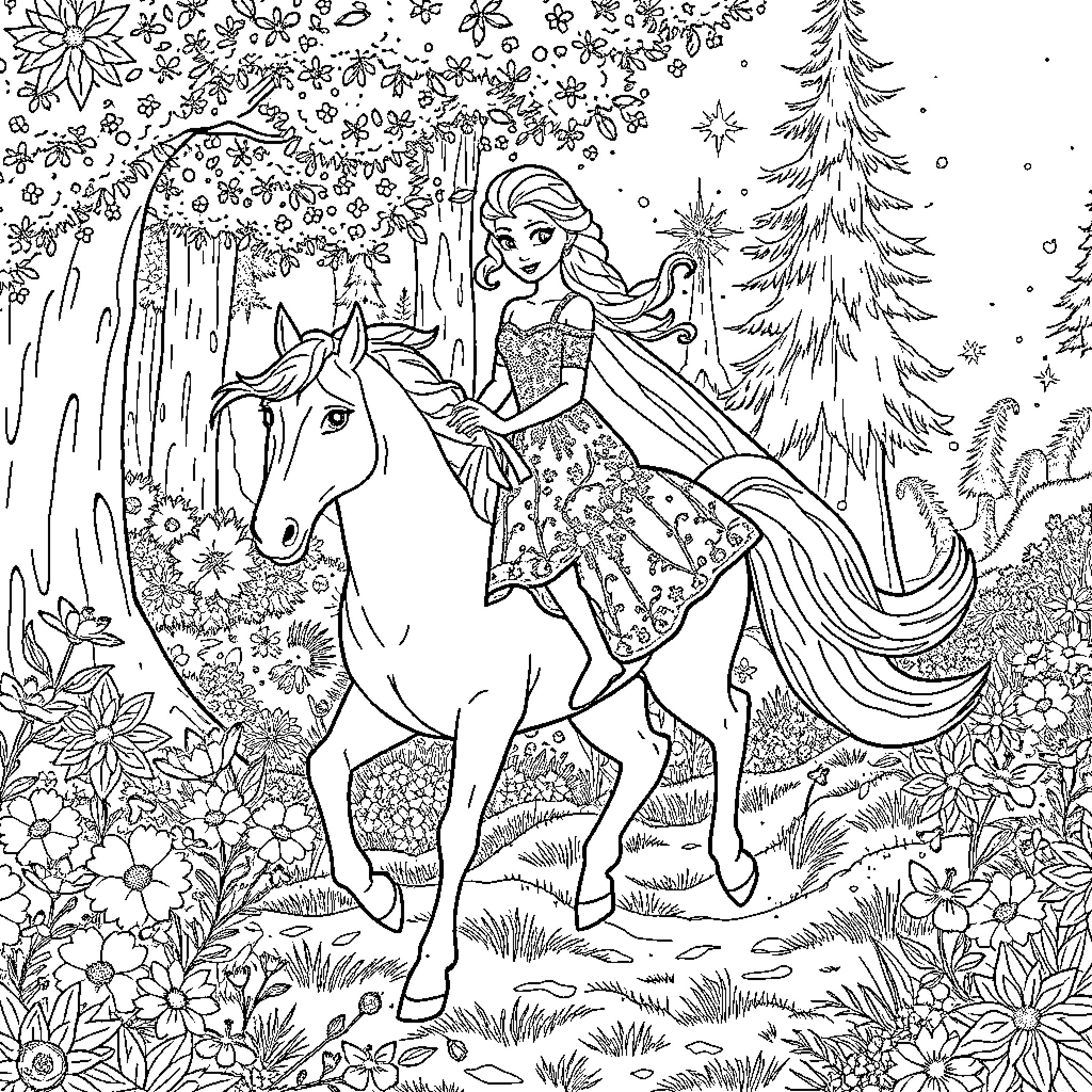 Elsa's Enchanted Winter Ride Coloring Page (free black-and-white line drawing printable PDF for all, from beginners to advanced learners, including children, teens, adults, and seniors)