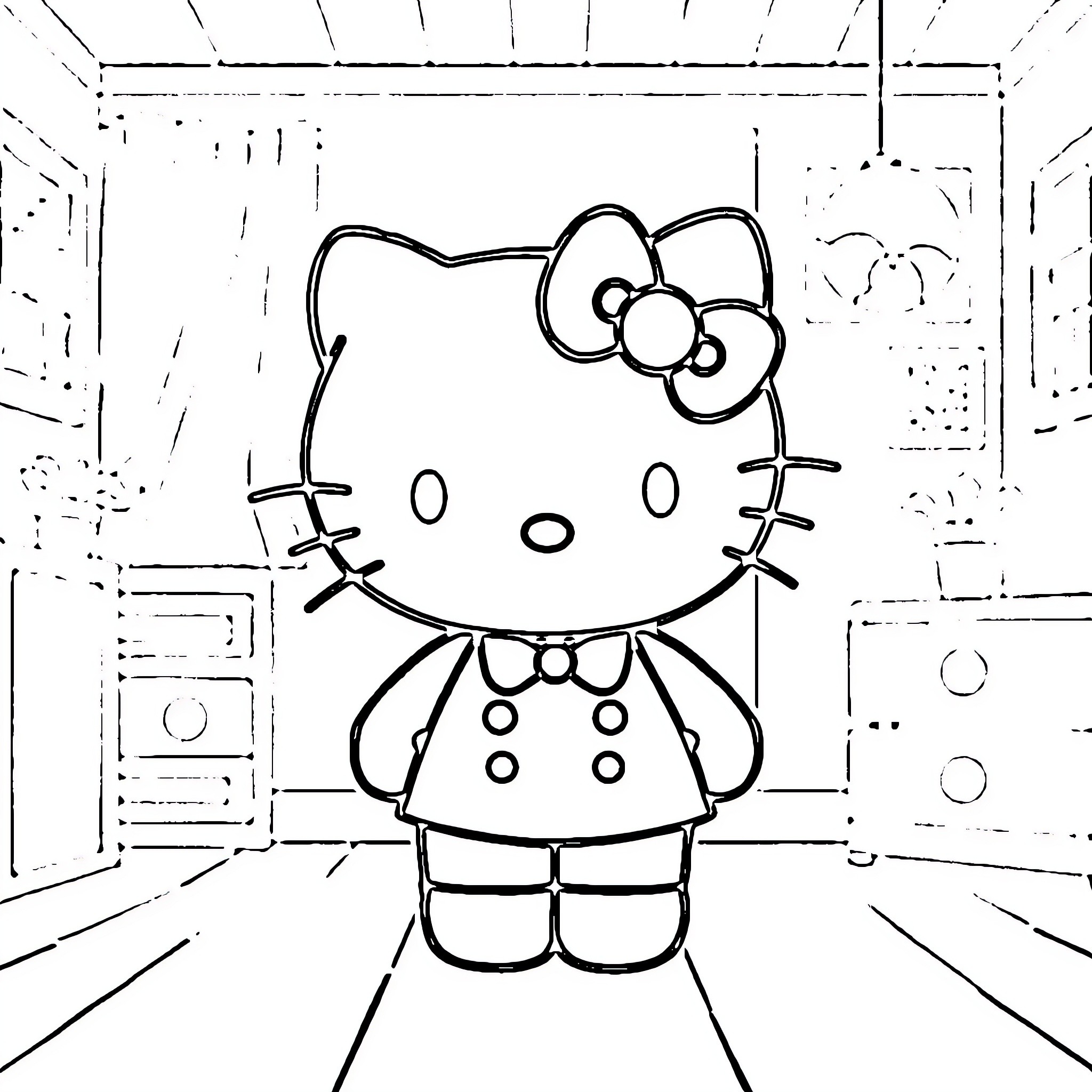Hello Kitty in a retro setting Coloring Page (free black-and-white line drawing printable PDF for all, from beginners to advanced learners, including children, teens, adults, and seniors)