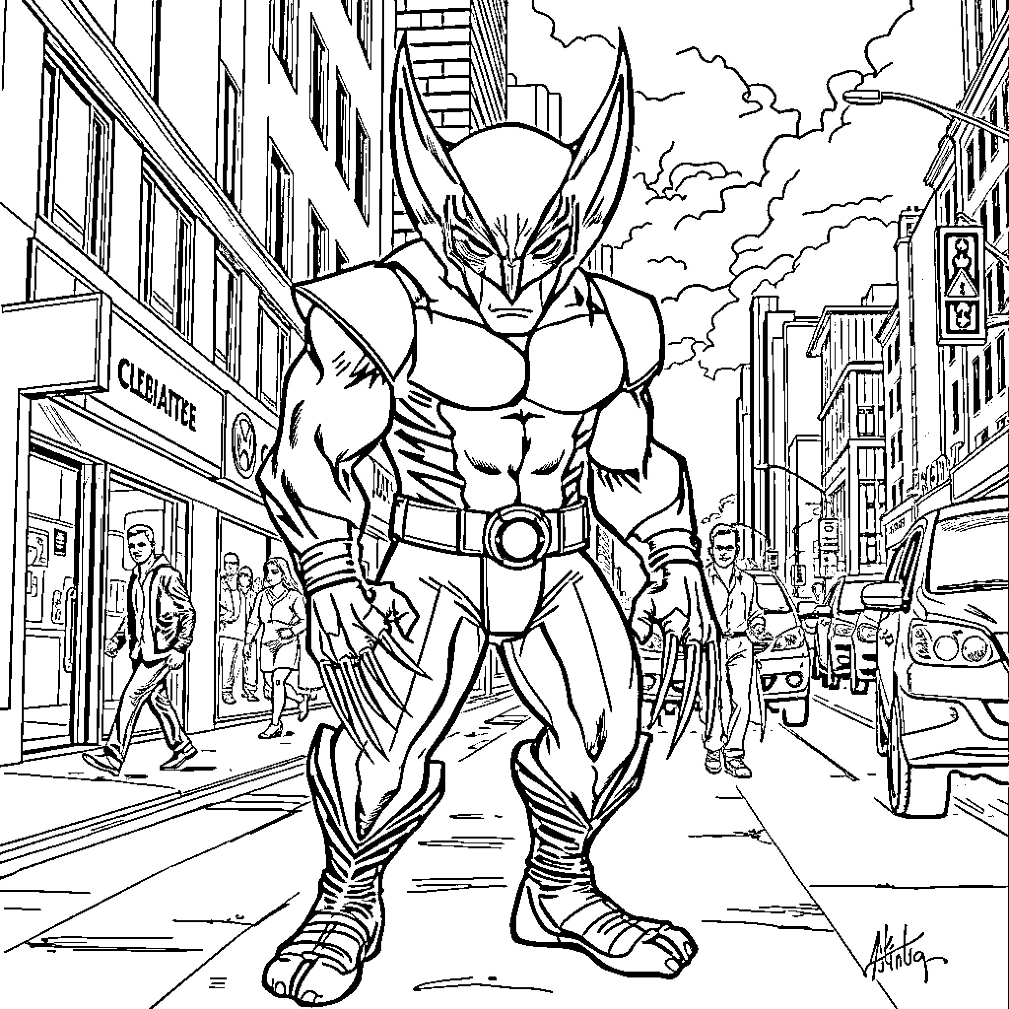 Wolverine in action in the city streets Coloring Page (free black-and-white line drawing printable PDF for all, from beginners to advanced learners, including children, teens, adults, and seniors)