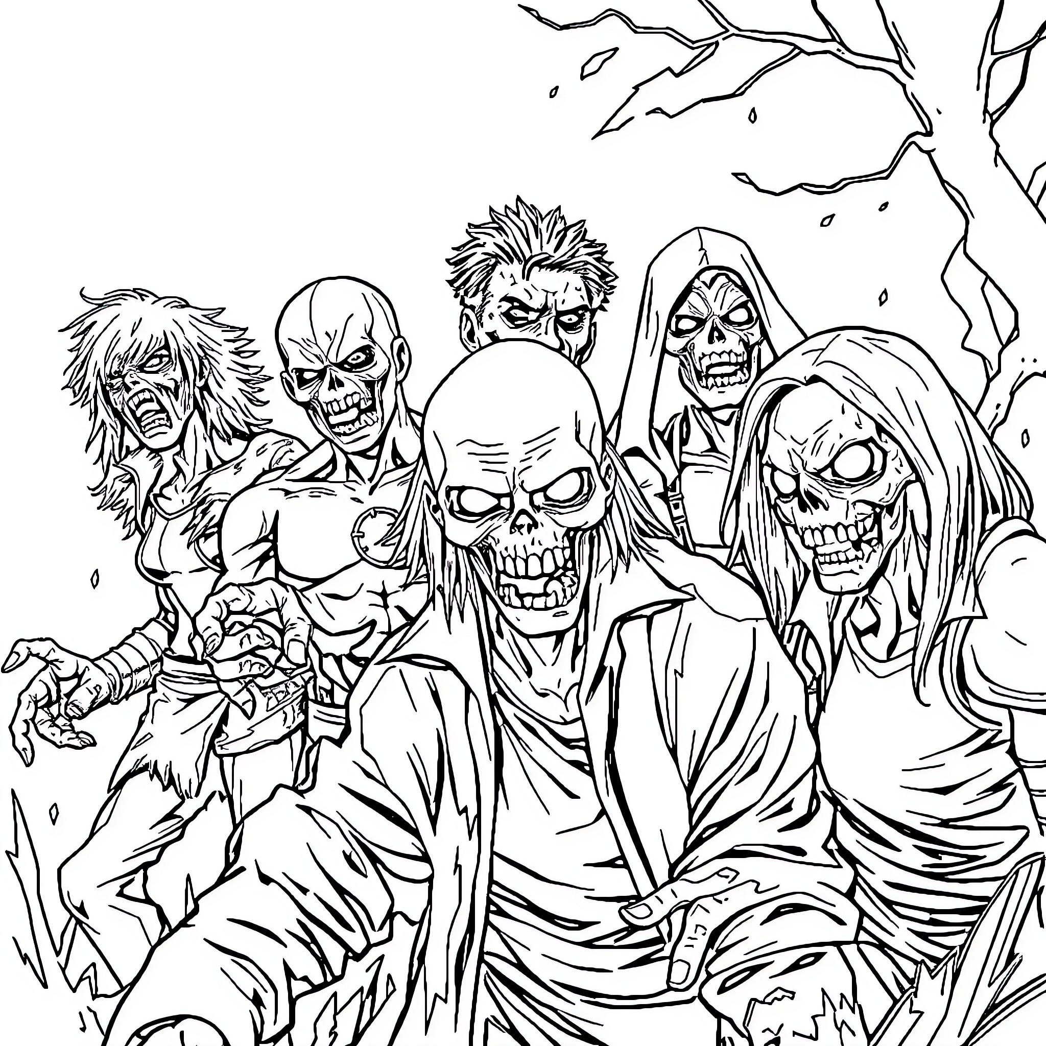 Marvel Zombie Horde Confronting Fearful Victims Coloring Page (free black-and-white line drawing printable PDF for all, from beginners to advanced learners, including children, teens, adults, and seniors)