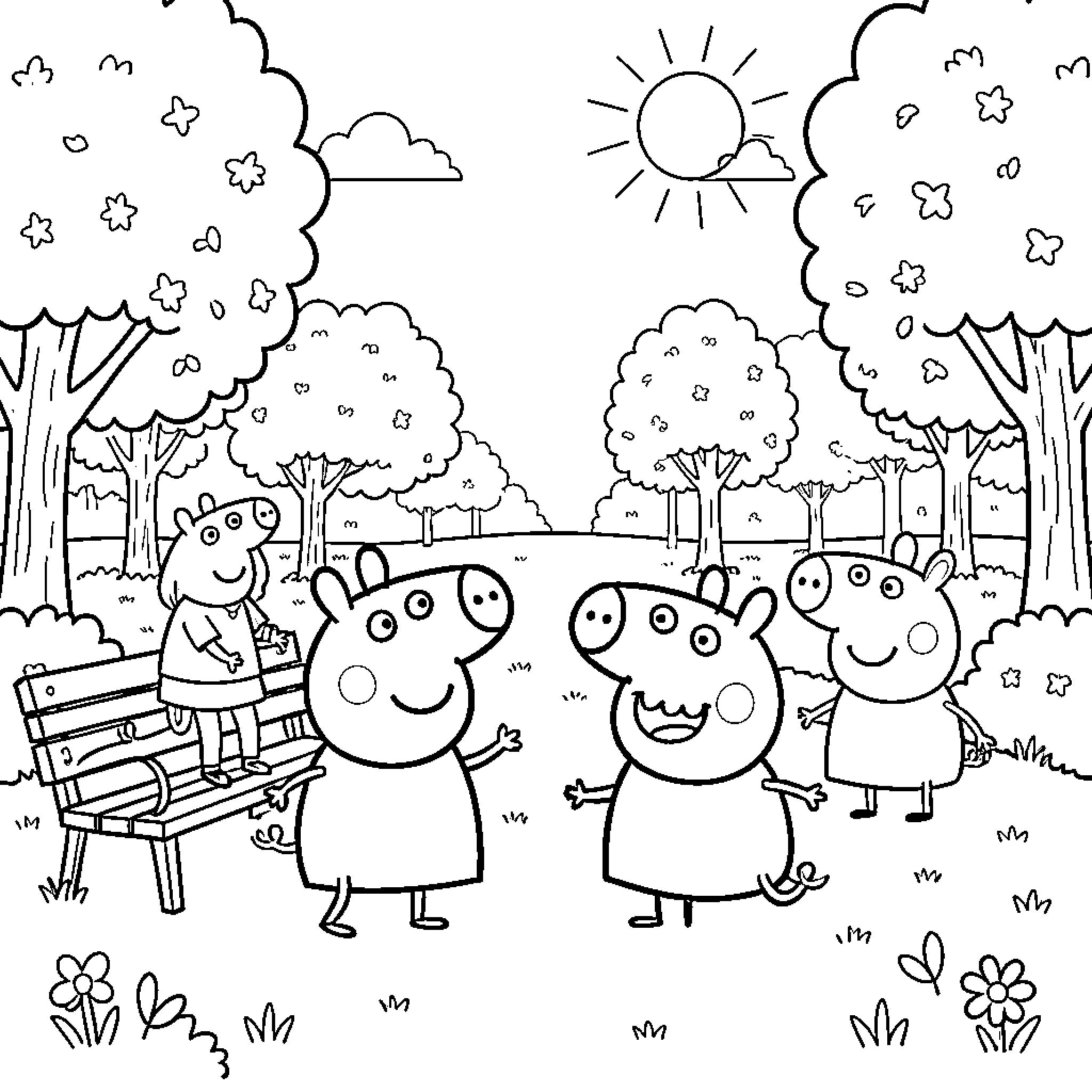 Paw Patrol characters enjoying a day in the park Coloring Page (free black-and-white line drawing printable PDF for all, from beginners to advanced learners, including children, teens, adults, and seniors)