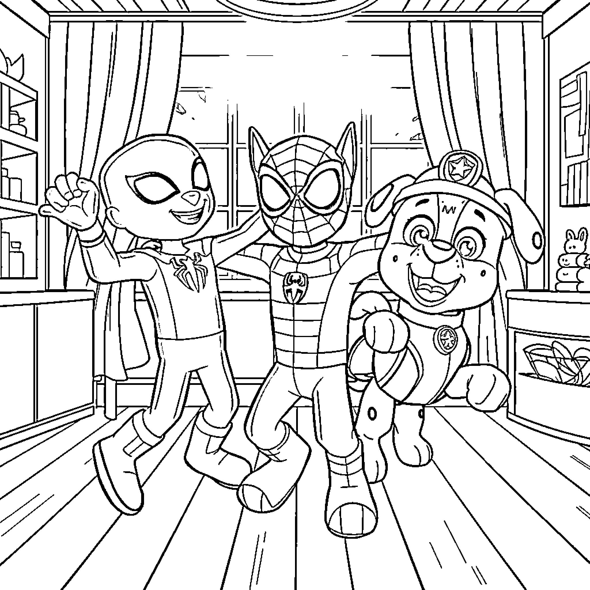Bluey's Superhero Adventure in the Playroom Coloring Page (free black-and-white line drawing printable PDF for all, from beginners to advanced learners, including children, teens, adults, and seniors)