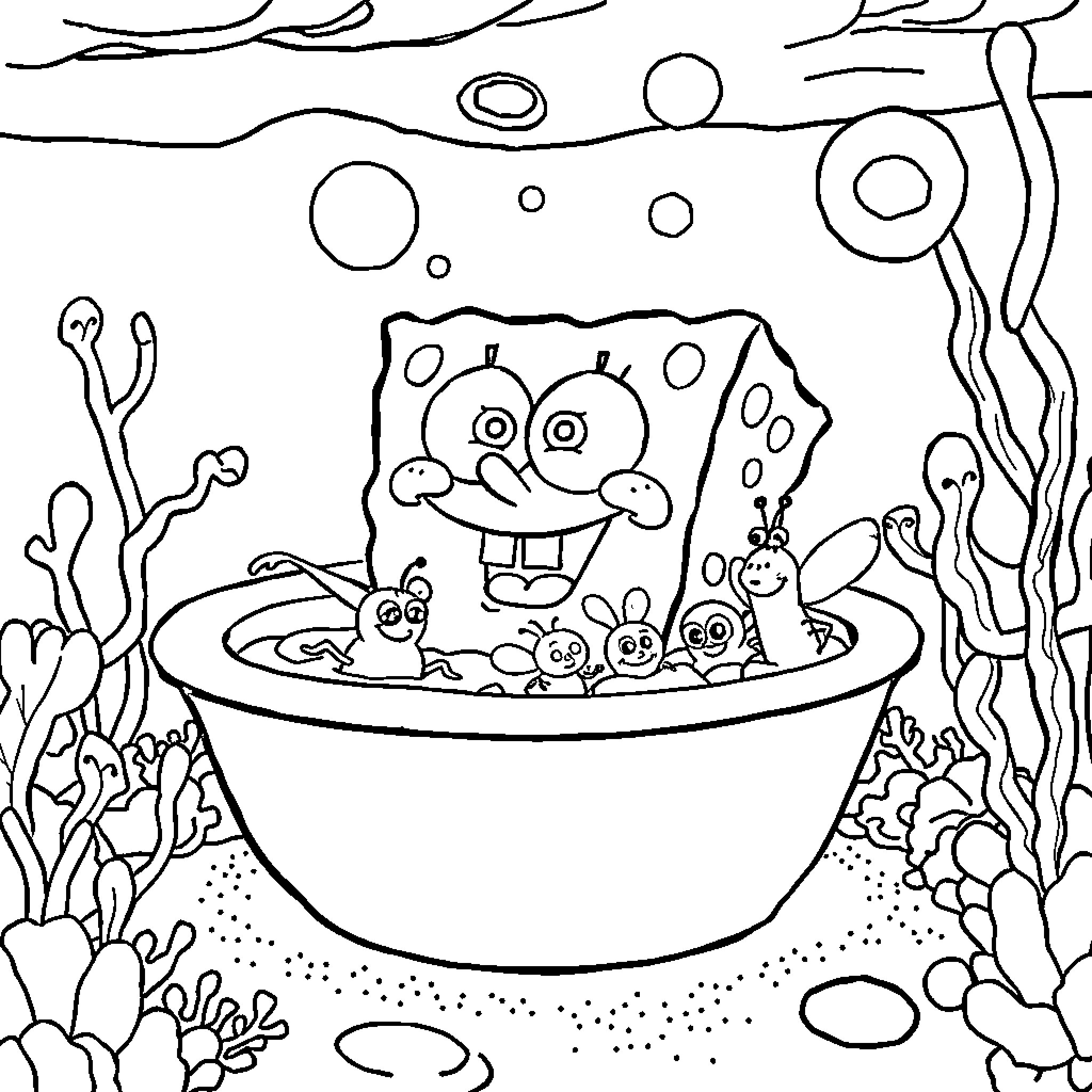 Spongebob enjoying bubble bath with sea creatures Coloring Page (free black-and-white line drawing printable PDF for all, from beginners to advanced learners, including children, teens, adults, and seniors)