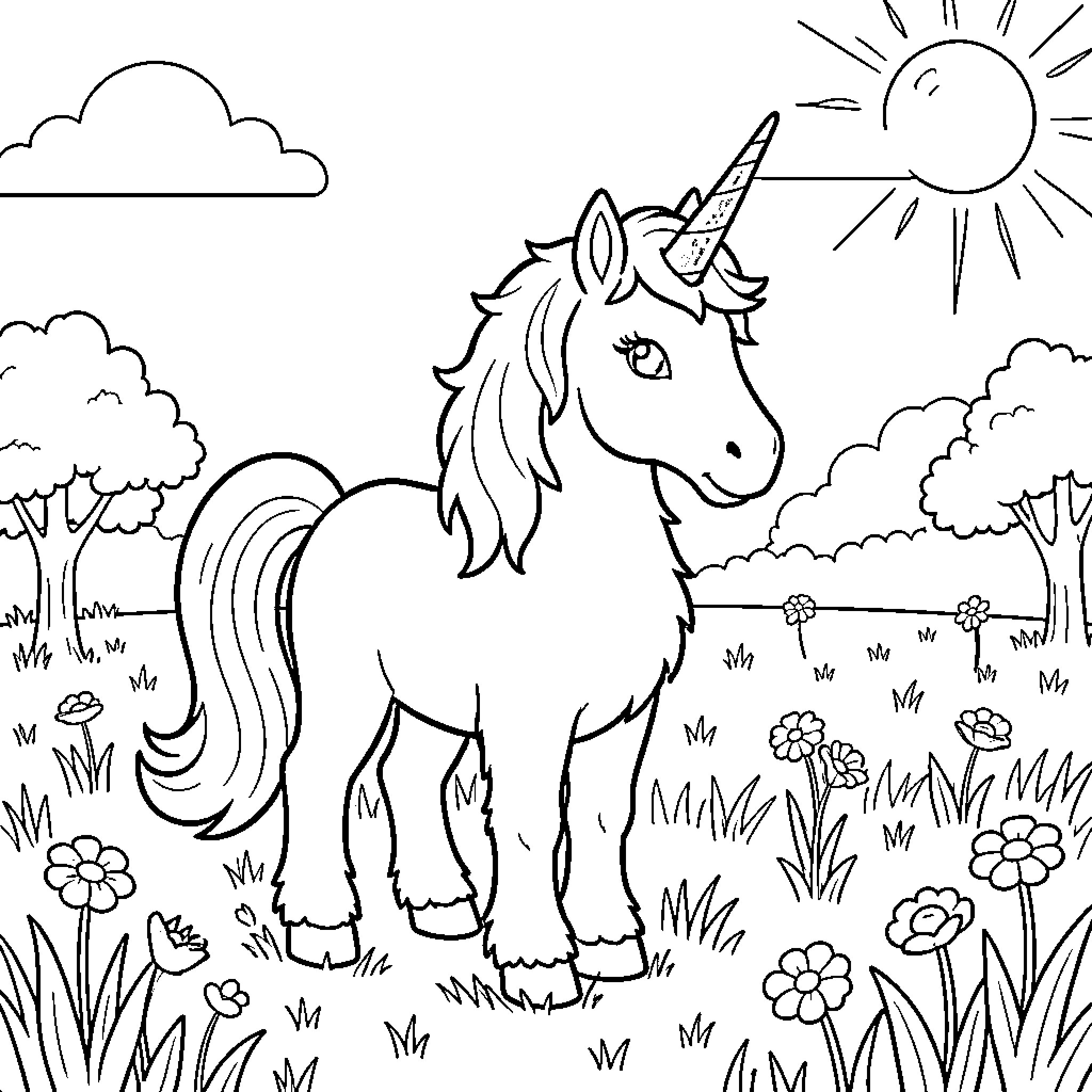 Unicorn standing in a sunny meadow Coloring Page (free black-and-white line drawing printable PDF for all, from beginners to advanced learners, including children, teens, adults, and seniors)