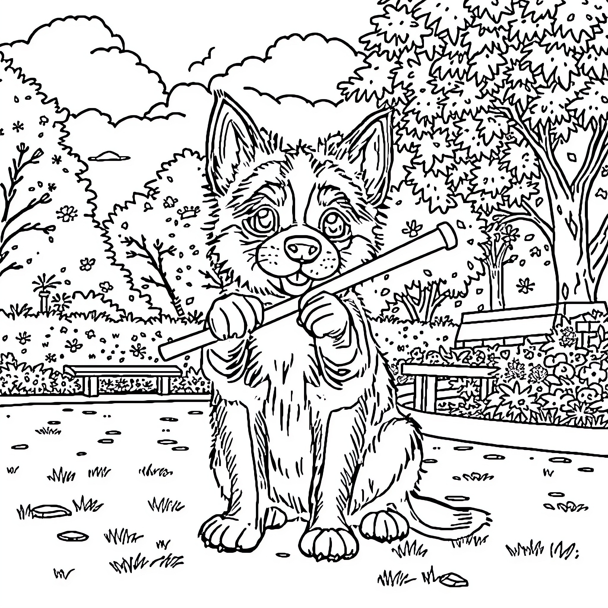 Perro playing happily with stick in the park Coloring Page (free black-and-white line drawing printable PDF for all, from beginners to advanced learners, including children, teens, adults, and seniors)