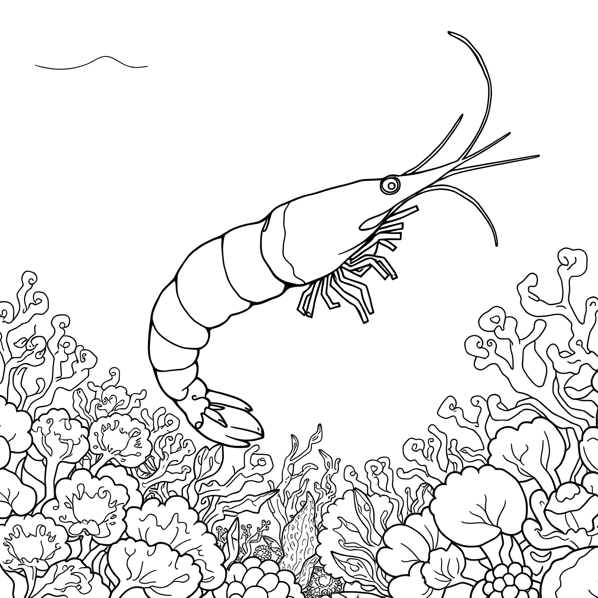 Shrimp swimming among vibrant coral reef Coloring Page (free black-and-white line drawing printable PDF for all, from beginners to advanced learners, including children, teens, adults, and seniors)