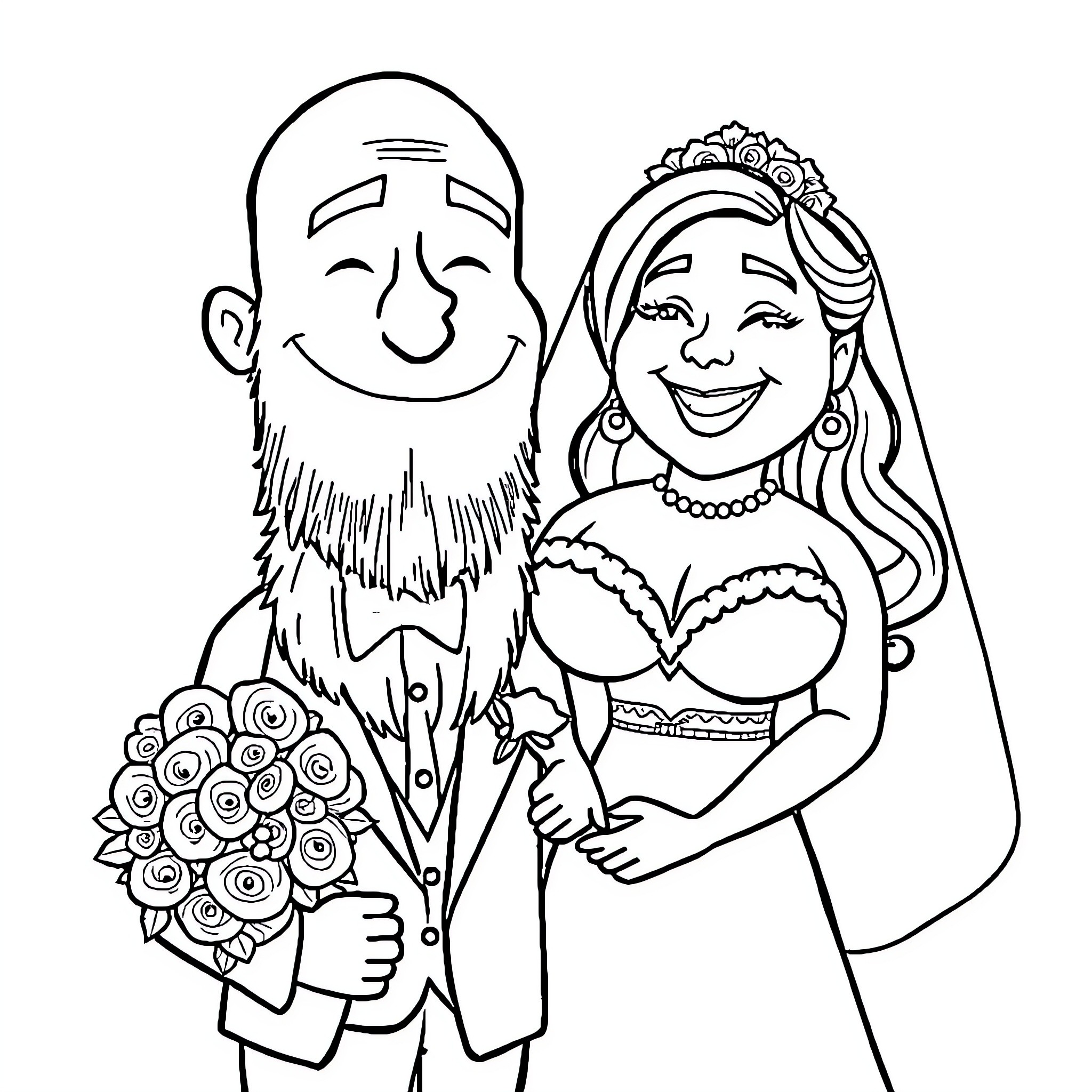 Wedding Couple Smiling and Holding Flowers Coloring Page (free black-and-white line drawing printable PDF for all, from beginners to advanced learners, including children, teens, adults, and seniors)