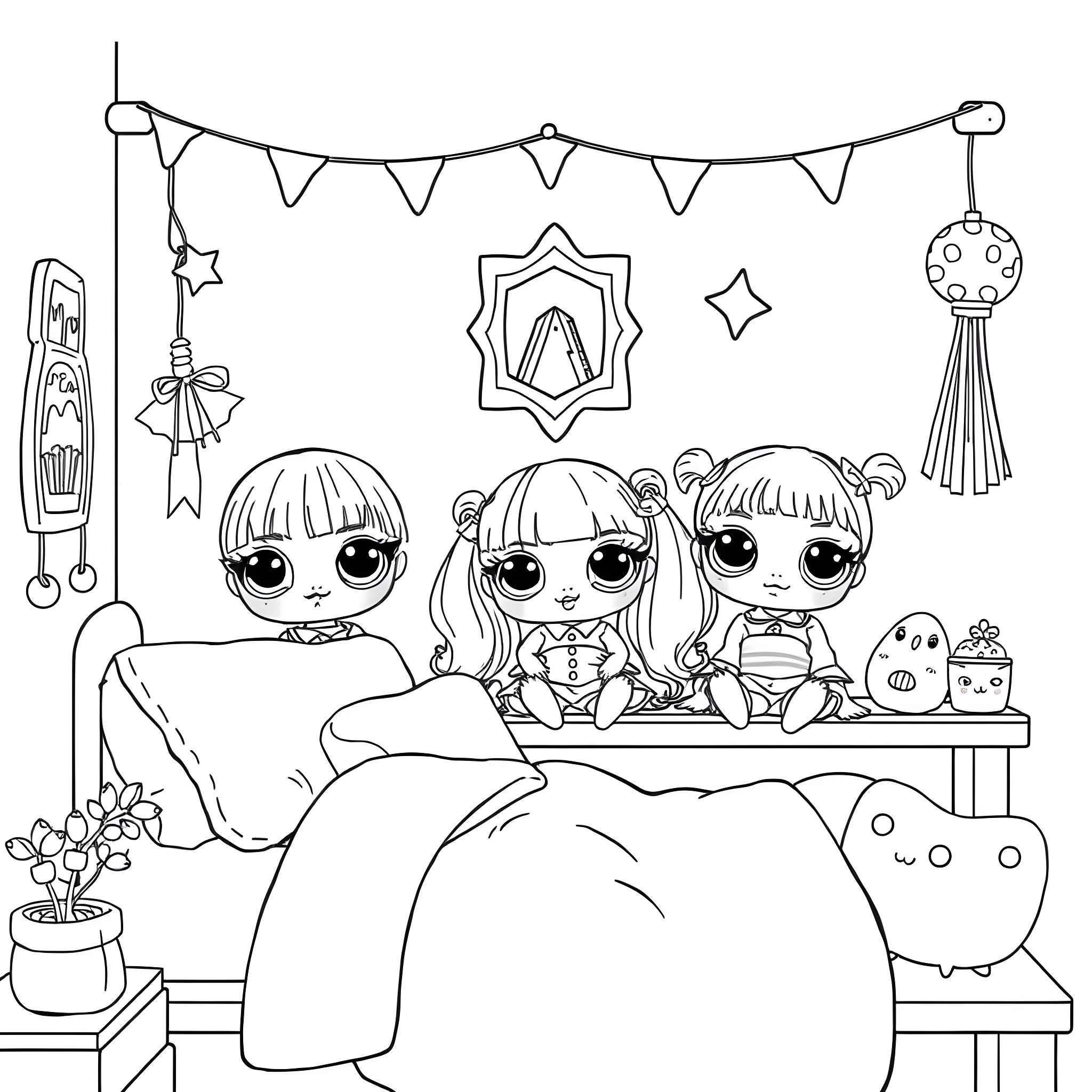 Doll Trio Enjoying Cozy Indoor Fun Coloring Page (free black-and-white line drawing printable PDF for all, from beginners to advanced learners, including children, teens, adults, and seniors)