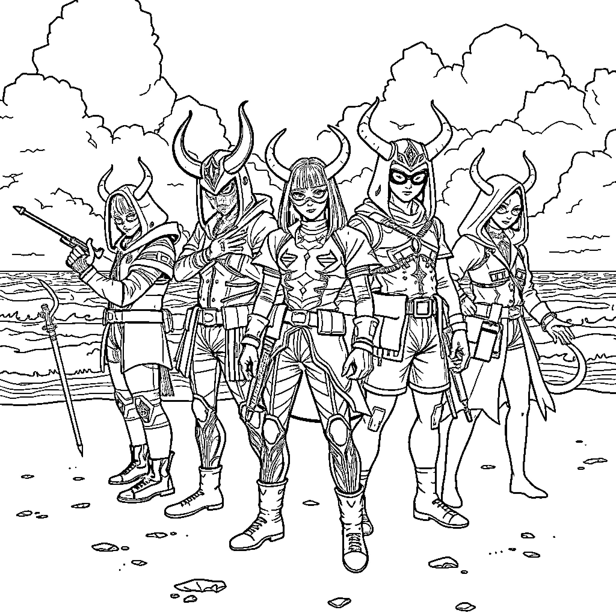 Demon Hunters Assembled on the Battlefield Coloring Page (free black-and-white line drawing printable PDF for all, from beginners to advanced learners, including children, teens, adults, and seniors)