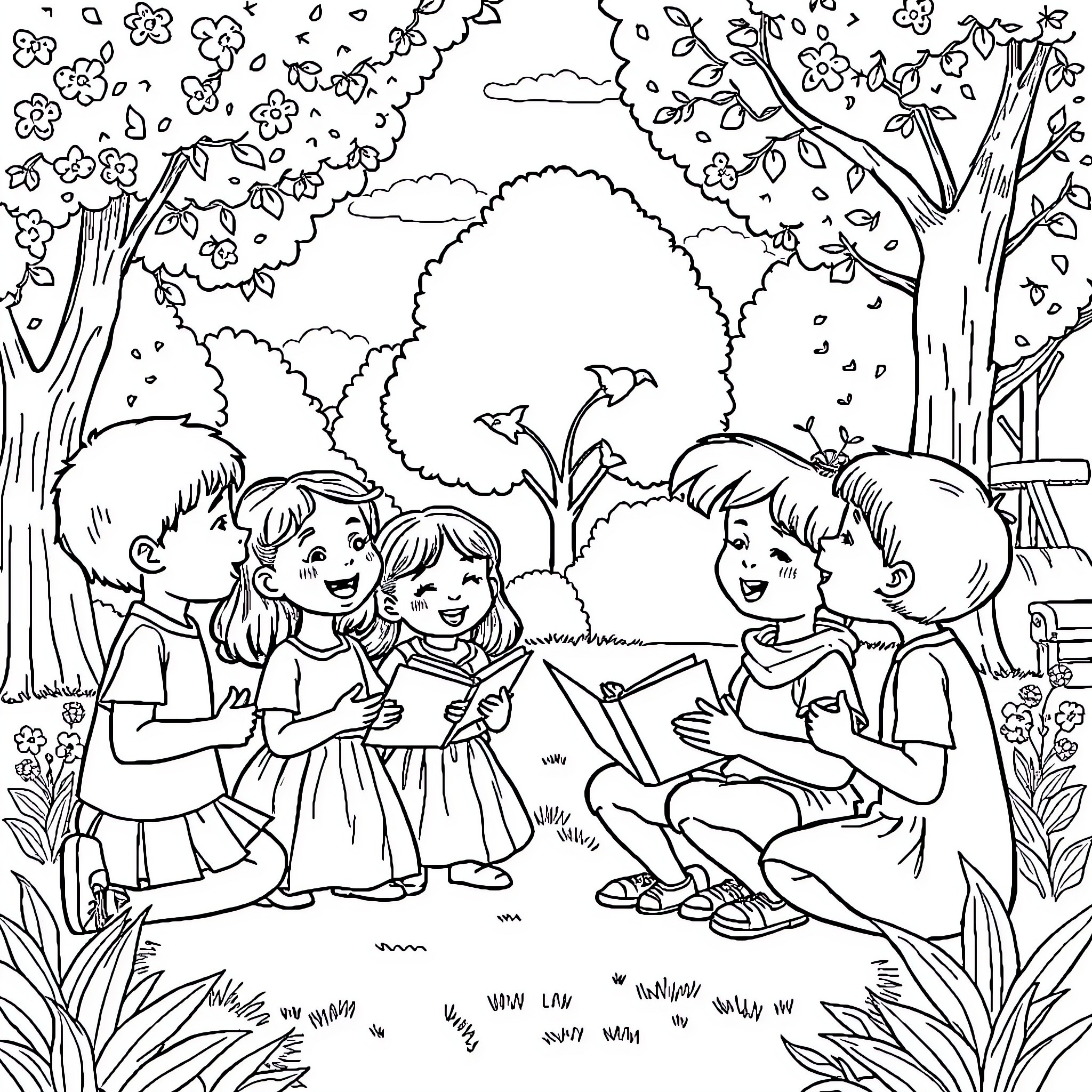 Children reading books in scenic outdoor setting Coloring Page (free black-and-white line drawing printable PDF for all, from beginners to advanced learners, including children, teens, adults, and seniors)