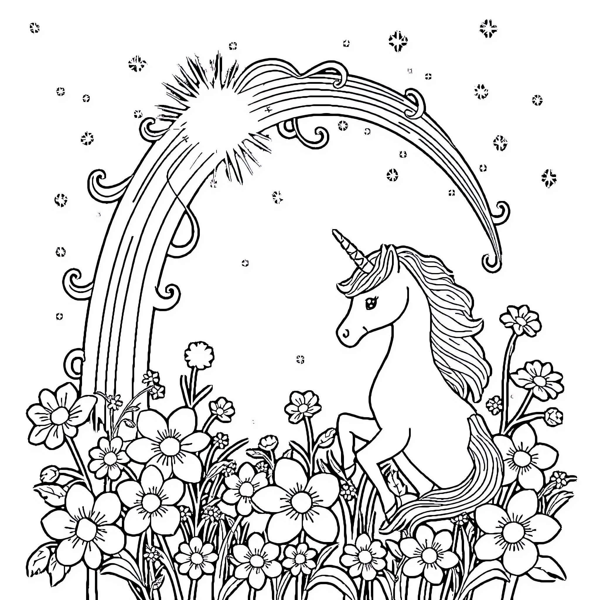 Unicorn surrounded by enchanting flowers and a magical rainbow Coloring Page (free black-and-white line drawing printable PDF for all, from beginners to advanced learners, including children, teens, adults, and seniors)