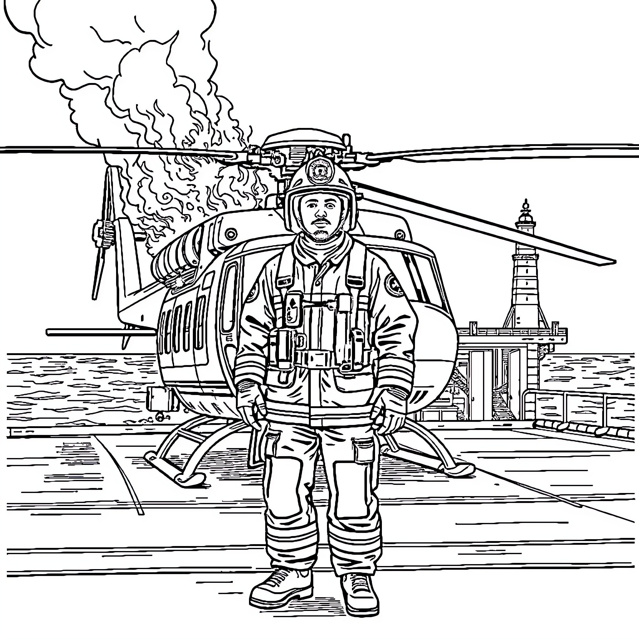 Firefighter rescuing in emergency helicopter scene Coloring Page (free black-and-white line drawing printable PDF for all, from beginners to advanced learners, including children, teens, adults, and seniors)