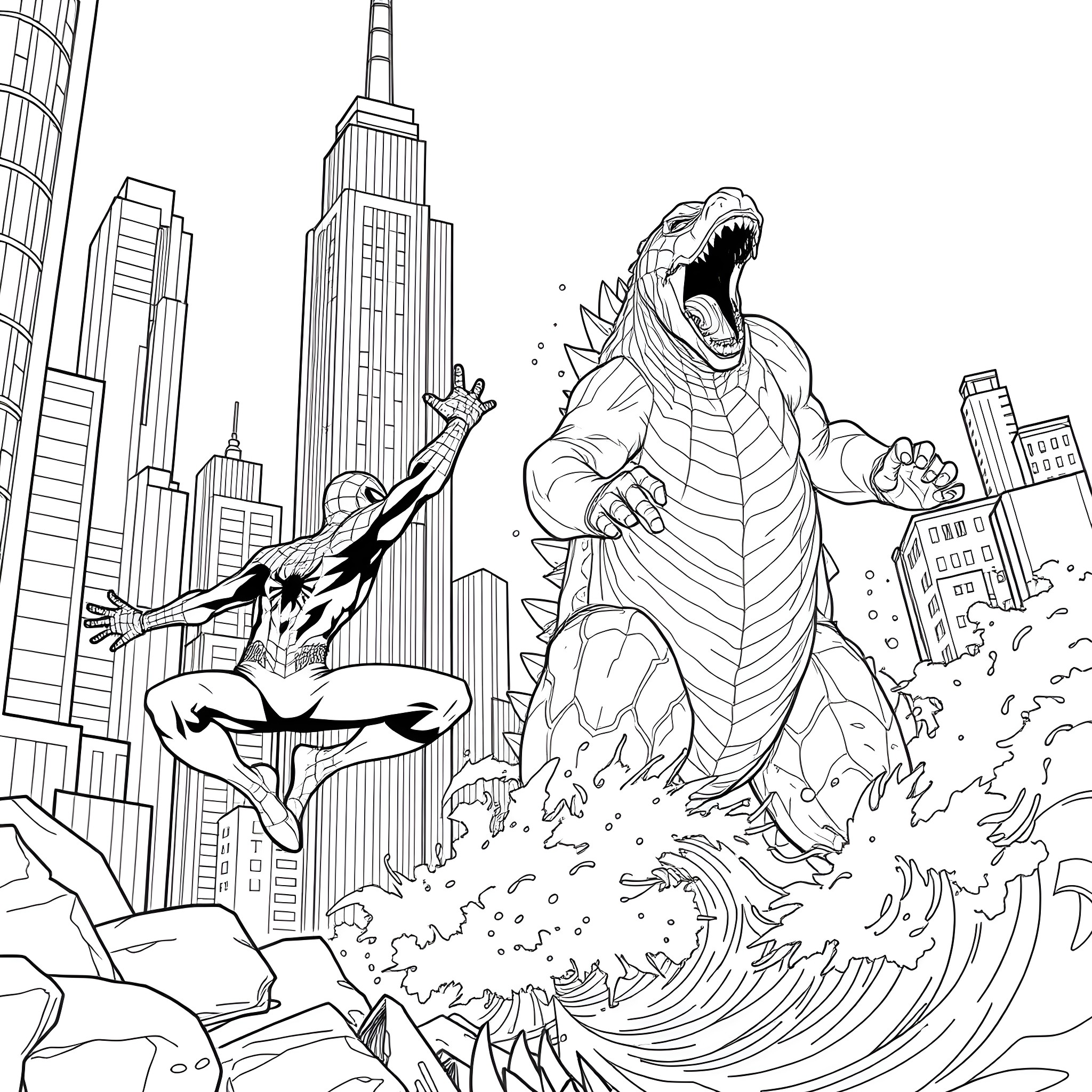 Spider-Man swinging through the city against a giant monster Coloring Page (free black-and-white line drawing printable PDF for all, from beginners to advanced learners, including children, teens, adults, and seniors)