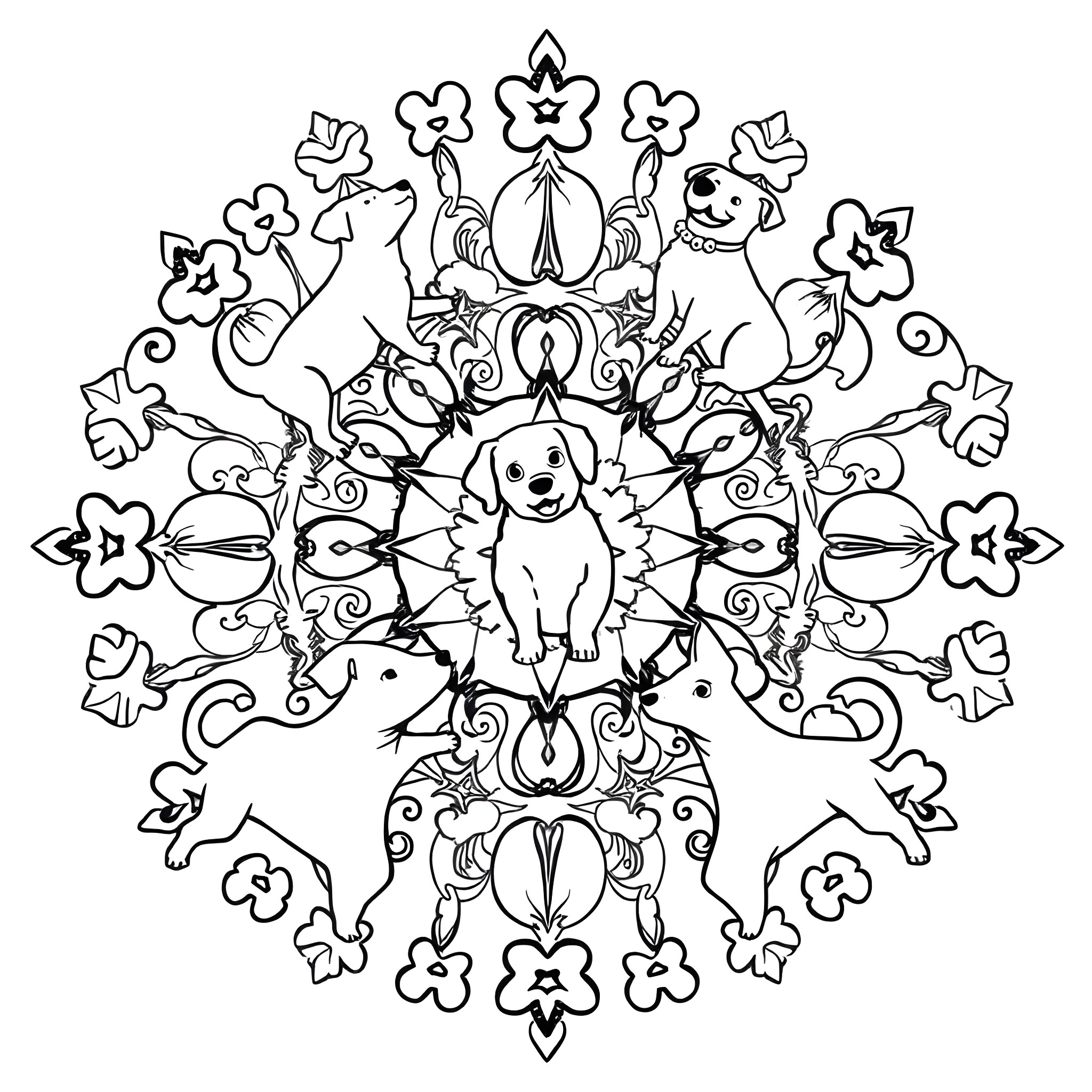 Dogs in a decorative floral pattern Coloring Page (free black-and-white line drawing printable PDF for all, from beginners to advanced learners, including children, teens, adults, and seniors)