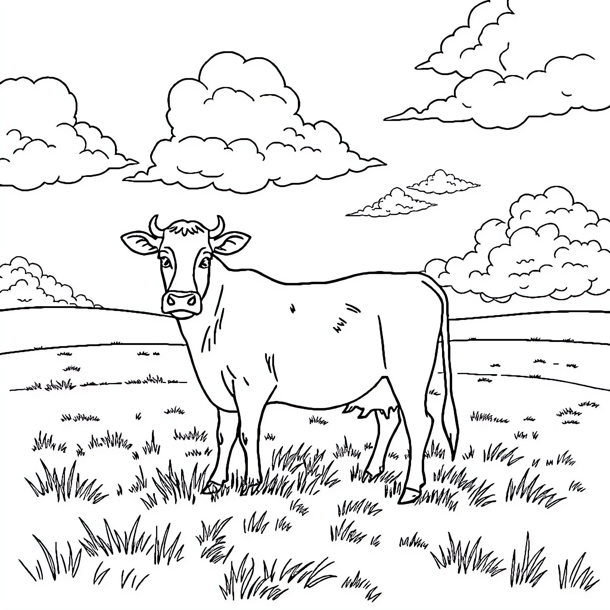 Cow standing in a grassy field with cloudy sky Coloring Page (free black-and-white line drawing printable PDF for all, from beginners to advanced learners, including children, teens, adults, and seniors)