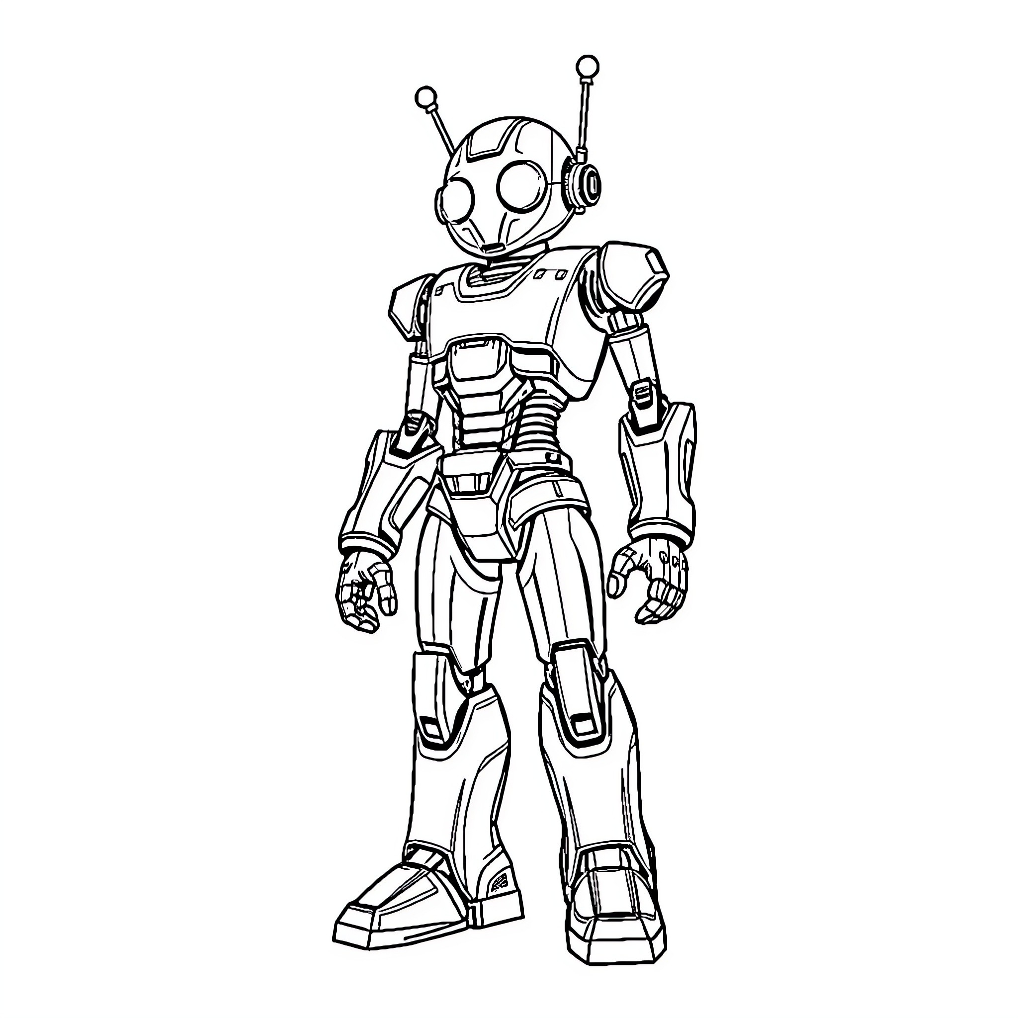 Robot in futuristic mechanical attire Coloring Page (free black-and-white line drawing printable PDF for all, from beginners to advanced learners, including children, teens, adults, and seniors)