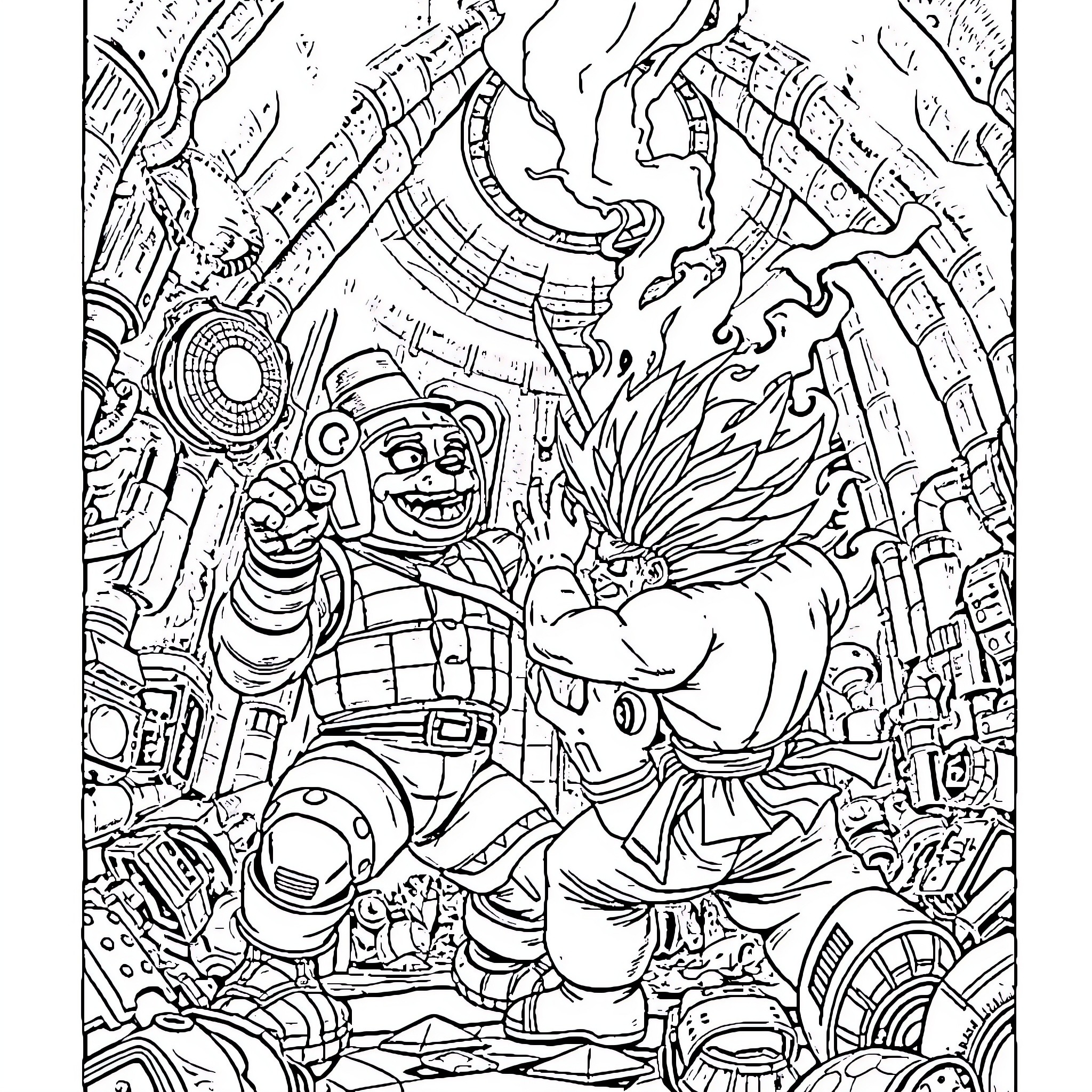 Freddy Fazbear in a chaotic sci-fi adventure Coloring Page (free black-and-white line drawing printable PDF for all, from beginners to advanced learners, including children, teens, adults, and seniors)