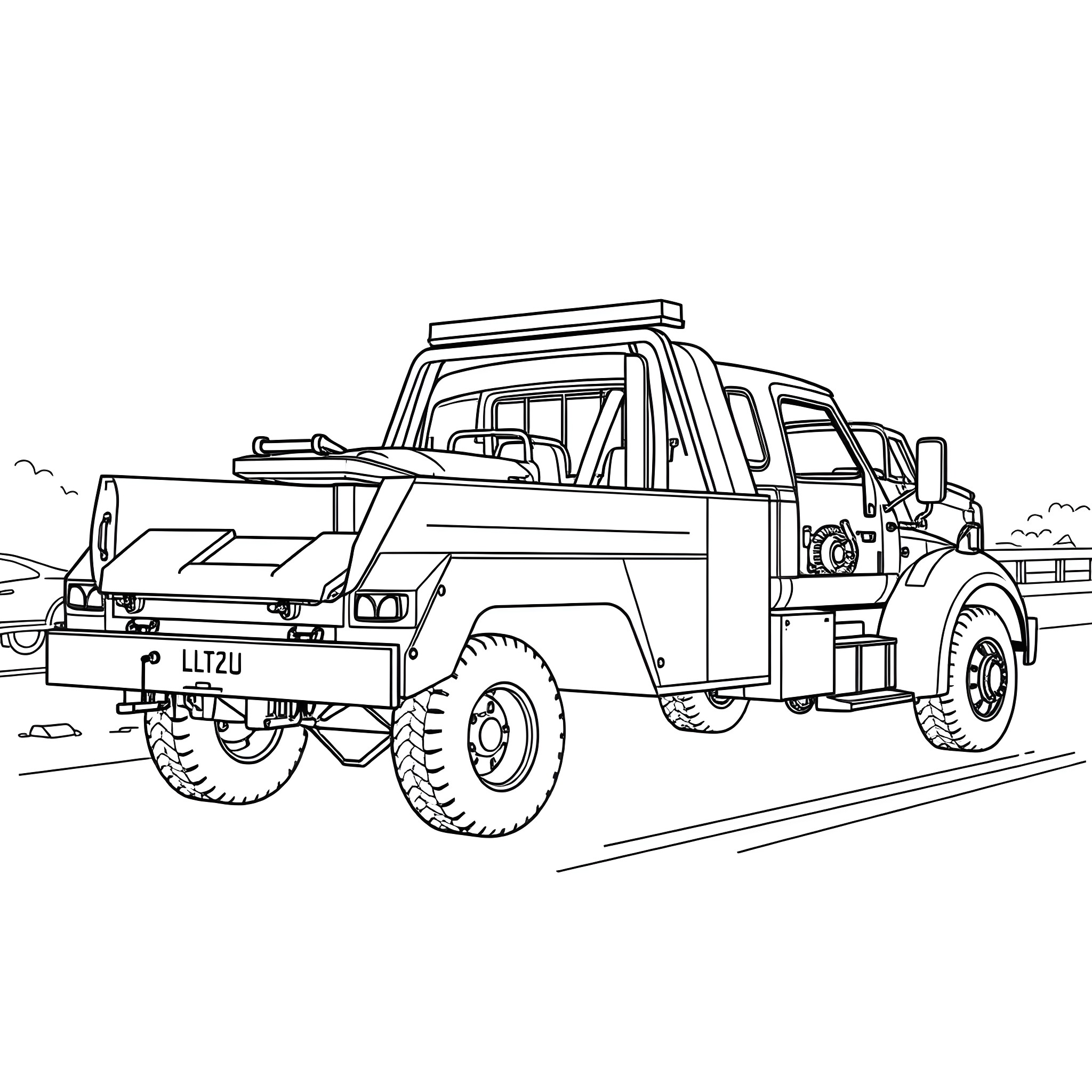 Wrecker Truck Assisting Disabled Vehicle on the Road Coloring Page (free black-and-white line drawing printable PDF for all, from beginners to advanced learners, including children, teens, adults, and seniors)