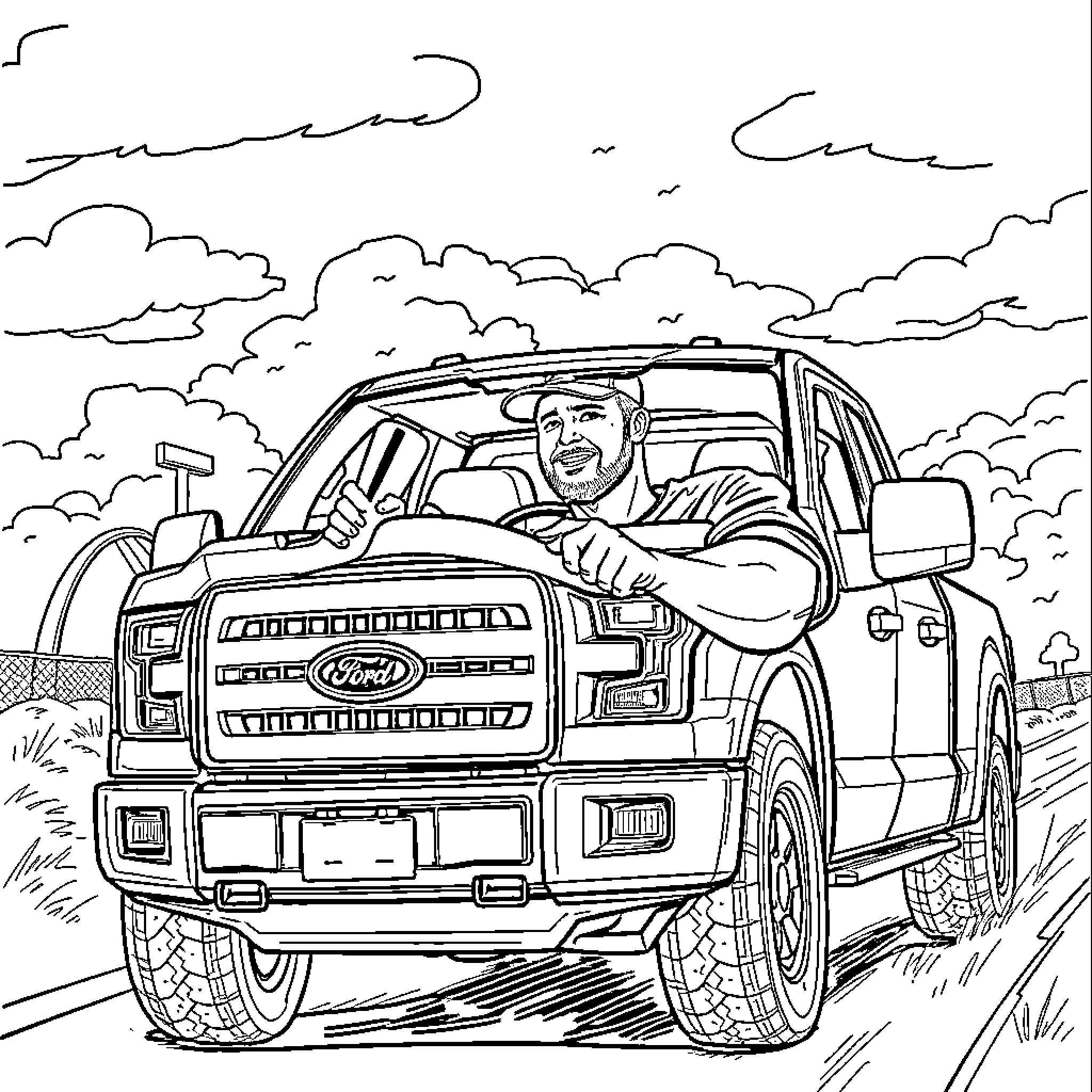 Dude driving his awesome truck on the open road Coloring Page (free black-and-white line drawing printable PDF for all, from beginners to advanced learners, including children, teens, adults, and seniors)