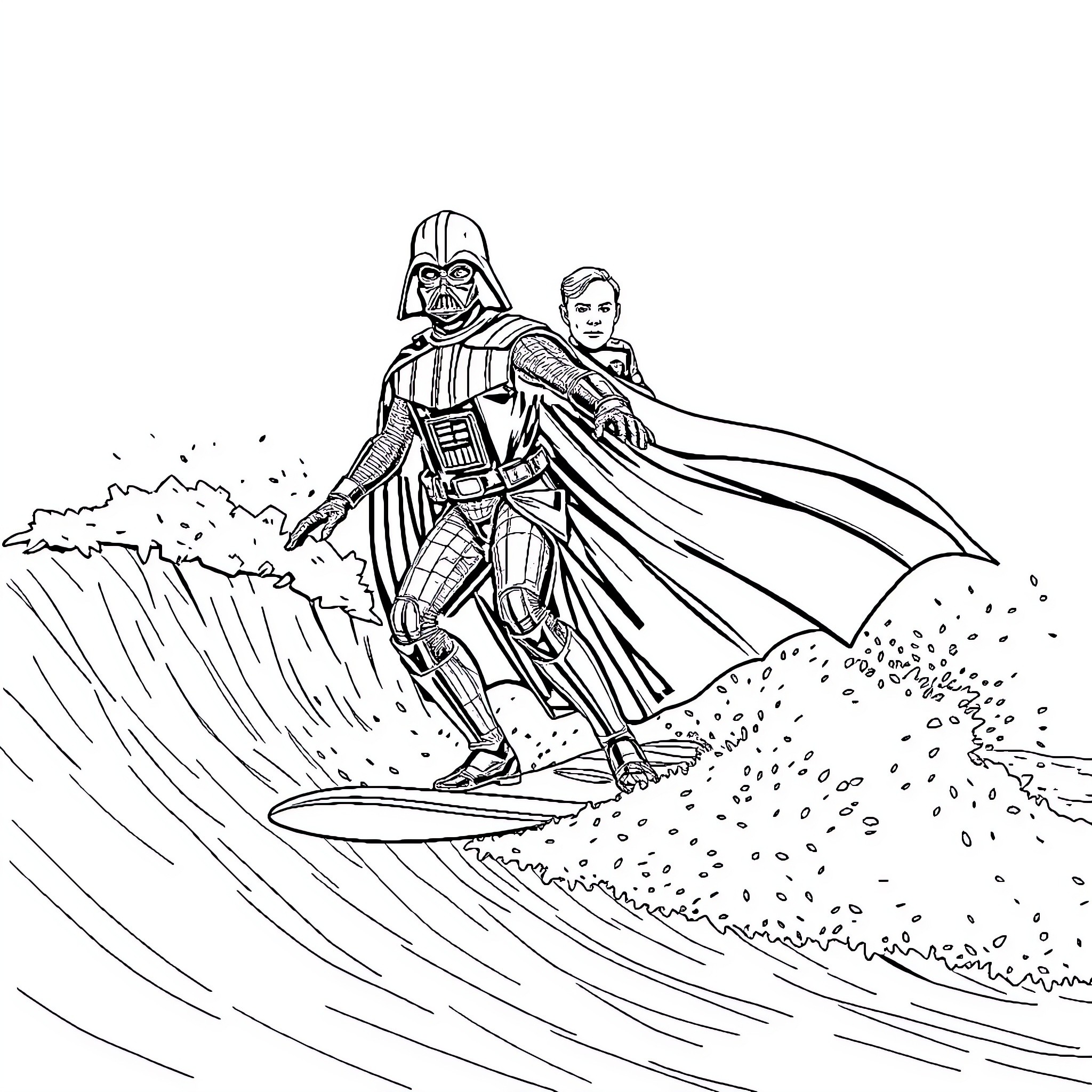 Darth Vader surfing on an ocean wave Coloring Page (free black-and-white line drawing printable PDF for all, from beginners to advanced learners, including children, teens, adults, and seniors)