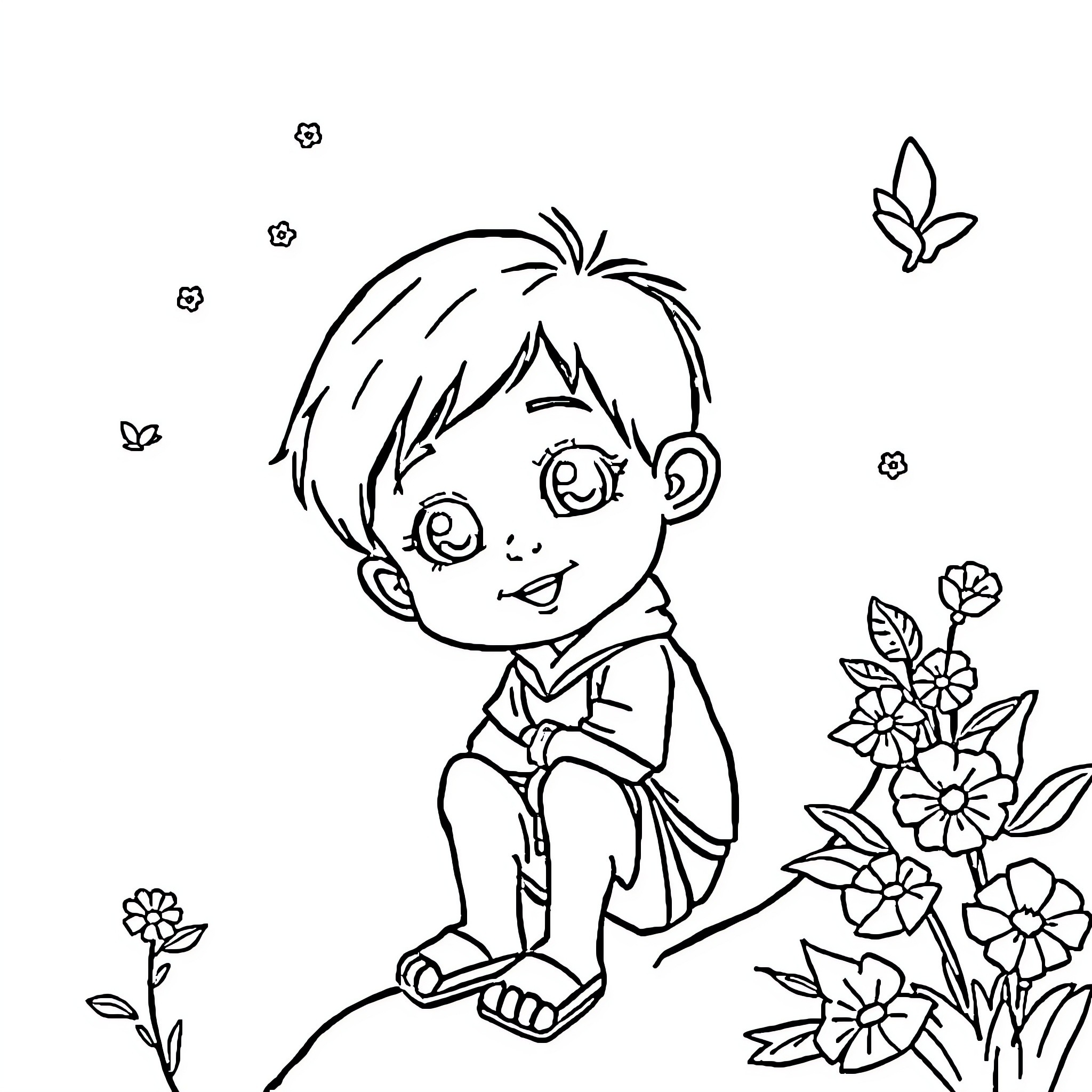 Book of a Boy Enjoying Flowers and Butterflies Coloring Page (free black-and-white line drawing printable PDF for all, from beginners to advanced learners, including children, teens, adults, and seniors)