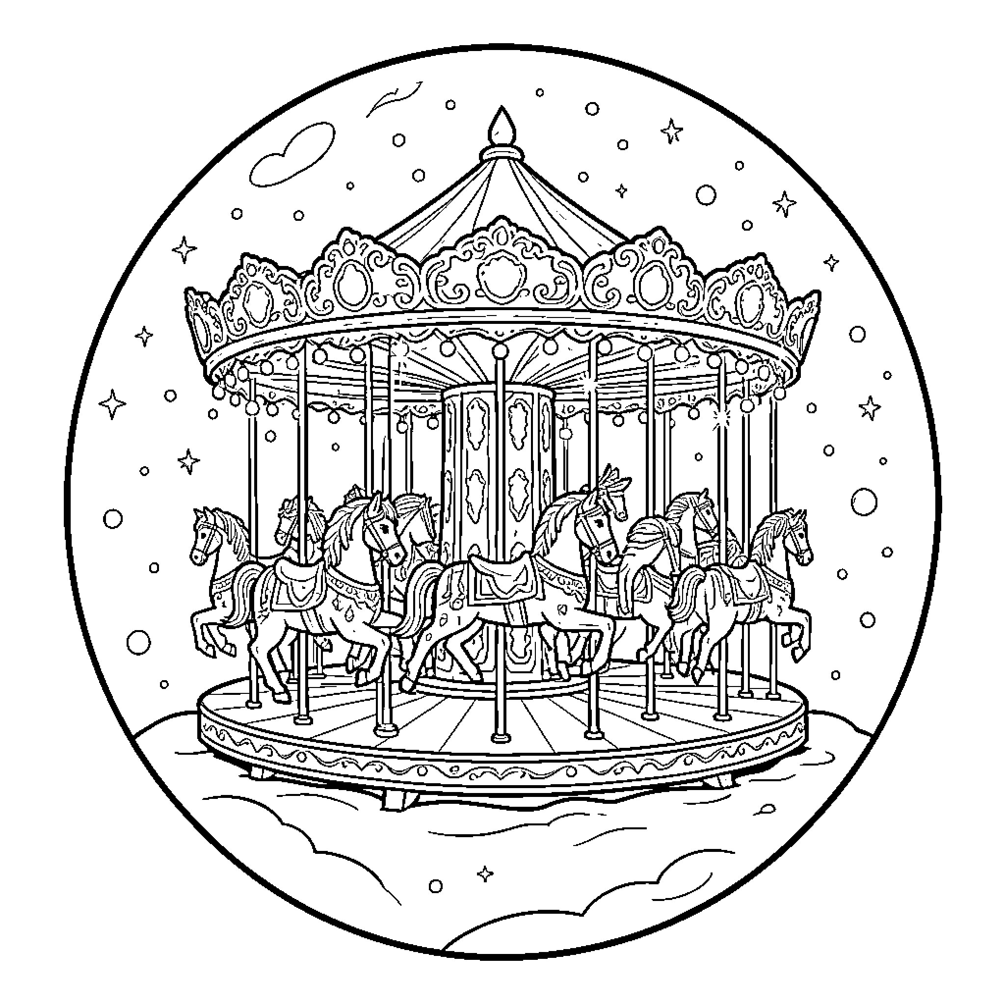 Snow Globe with Whimsical Carousel Horses Coloring Page (free black-and-white line drawing printable PDF for all, from beginners to advanced learners, including children, teens, adults, and seniors)