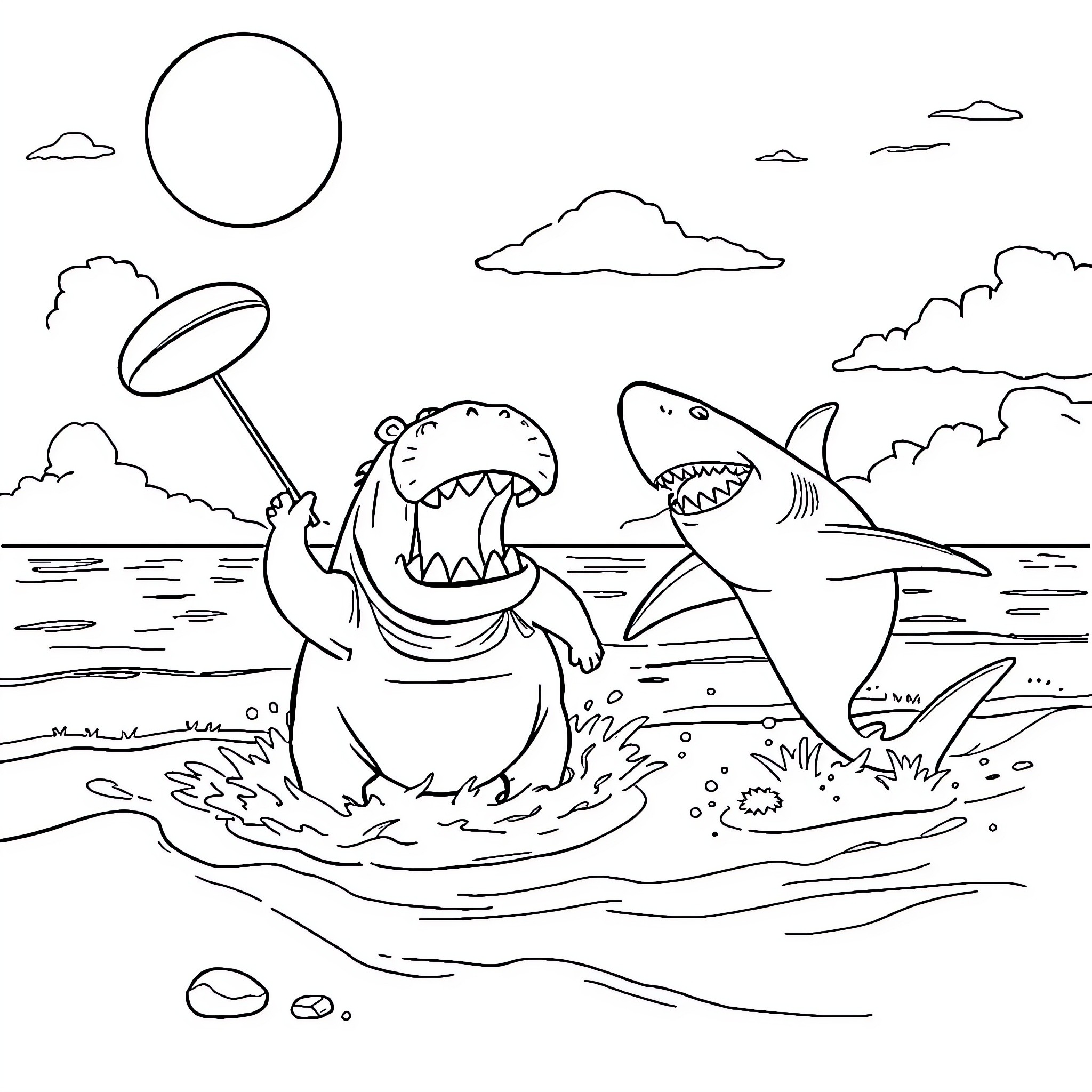 Hippo and sharks playing in the ocean Coloring Page (free black-and-white line drawing printable PDF for all, from beginners to advanced learners, including children, teens, adults, and seniors)
