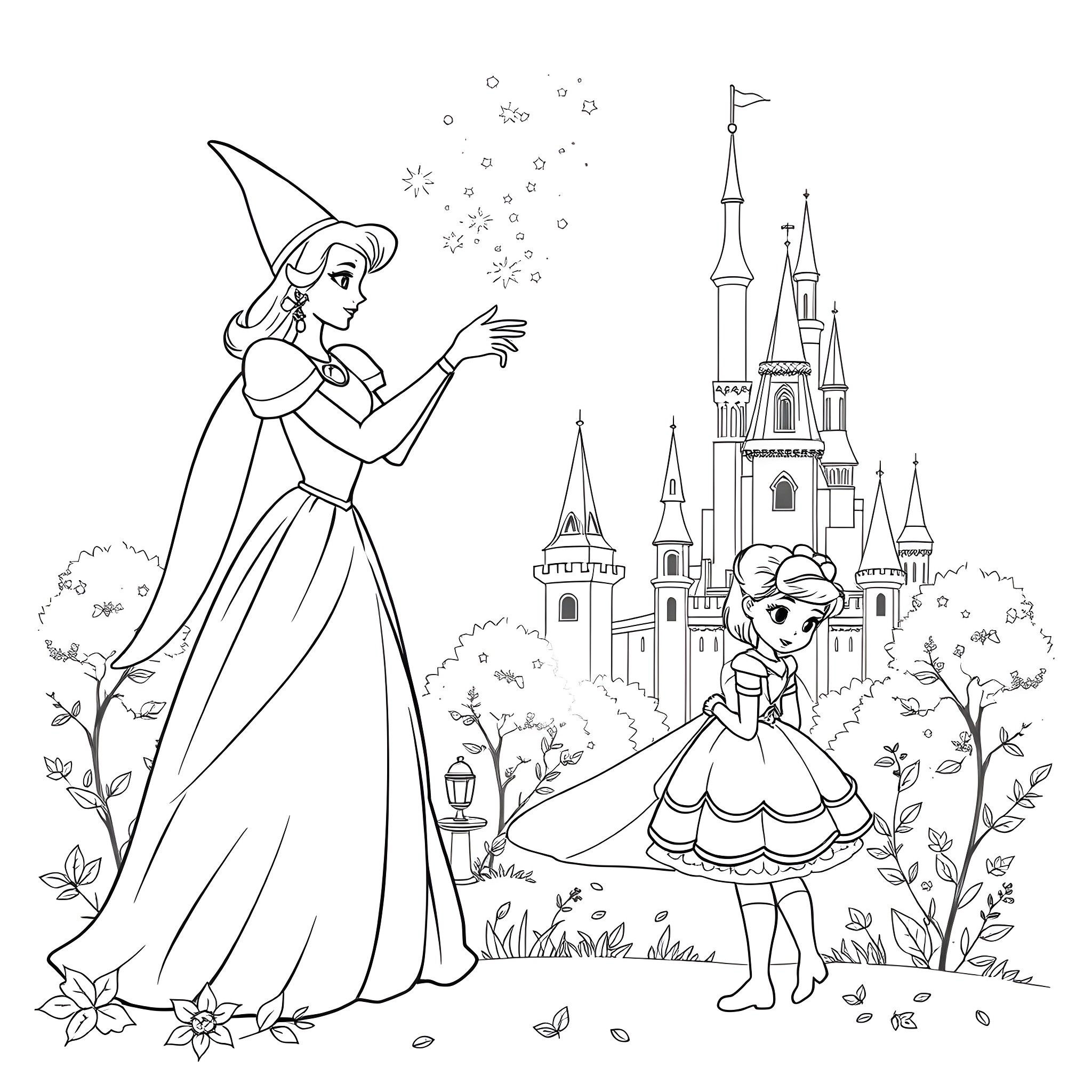 Cinderella's magical journey in the enchanted castle Coloring Page (free black-and-white line drawing printable PDF for all, from beginners to advanced learners, including children, teens, adults, and seniors)