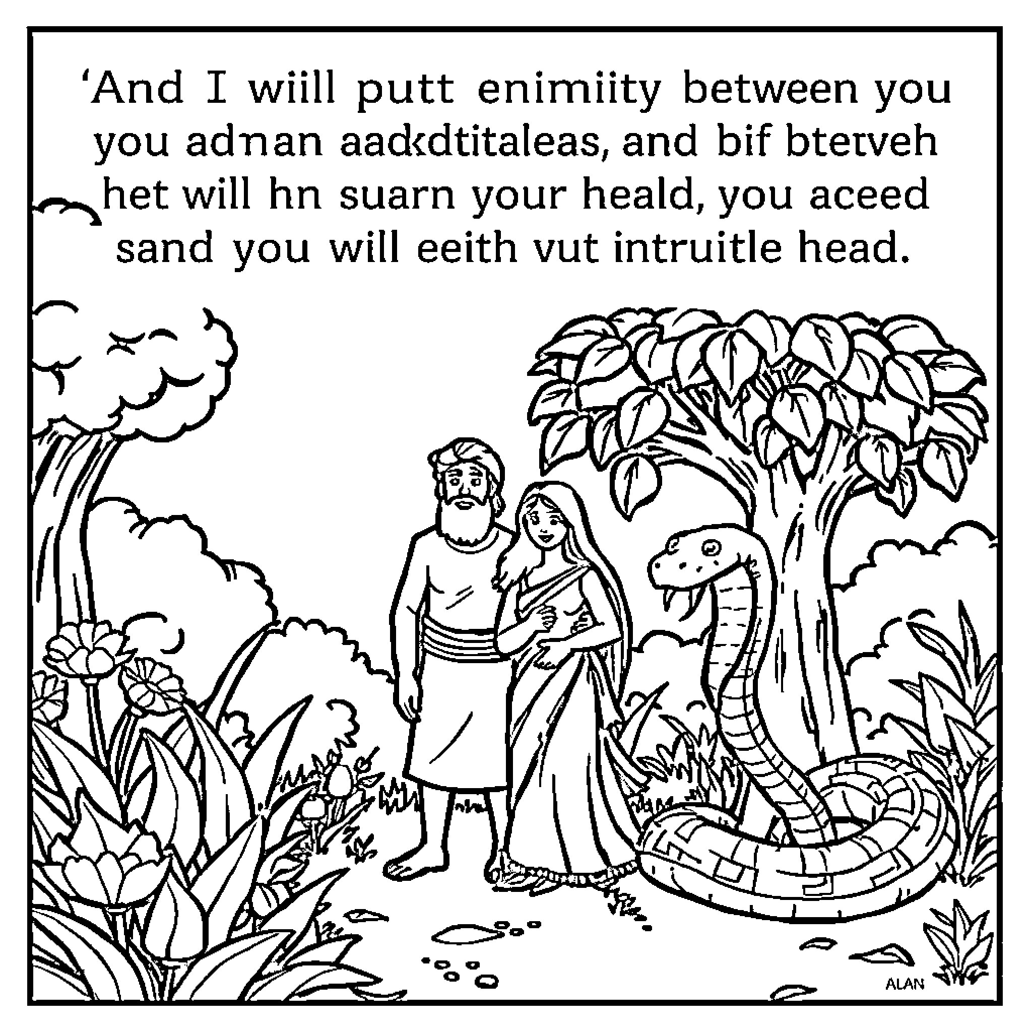 Adam and Eve in the Garden of Eden with snake Coloring Page (free black-and-white line drawing printable PDF for all, from beginners to advanced learners, including children, teens, adults, and seniors)