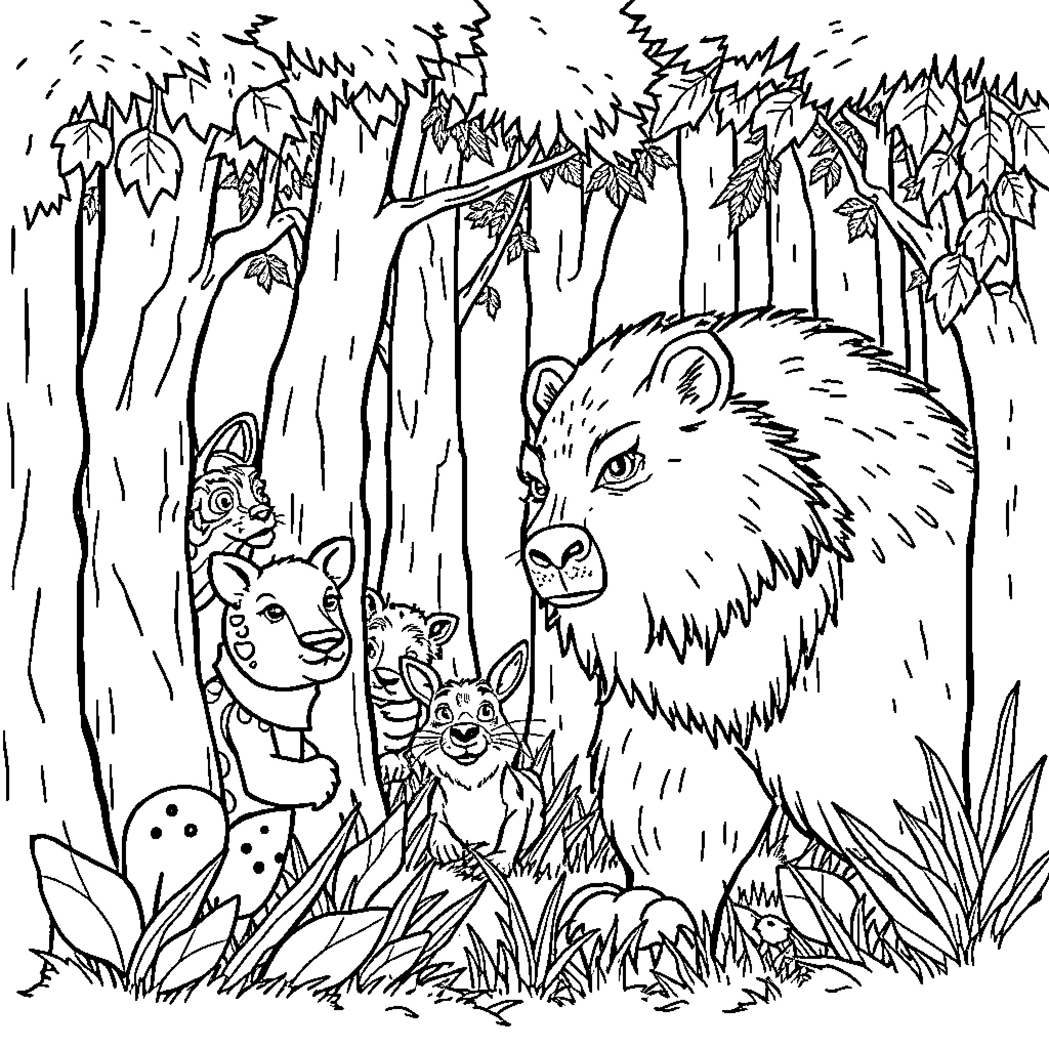 Animal family in the dense forest Coloring Page (free black-and-white line drawing printable PDF for all, from beginners to advanced learners, including children, teens, adults, and seniors)