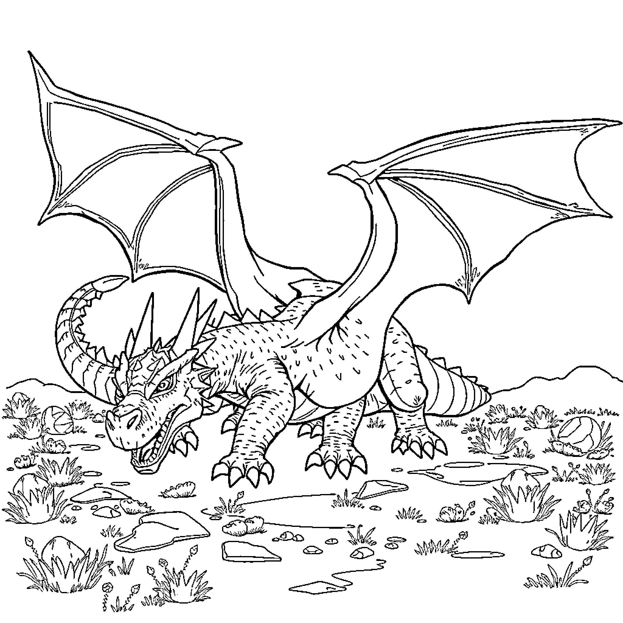 Dragon Breathing Fire in Rugged Landscape Coloring Page (free black-and-white line drawing printable PDF for all, from beginners to advanced learners, including children, teens, adults, and seniors)