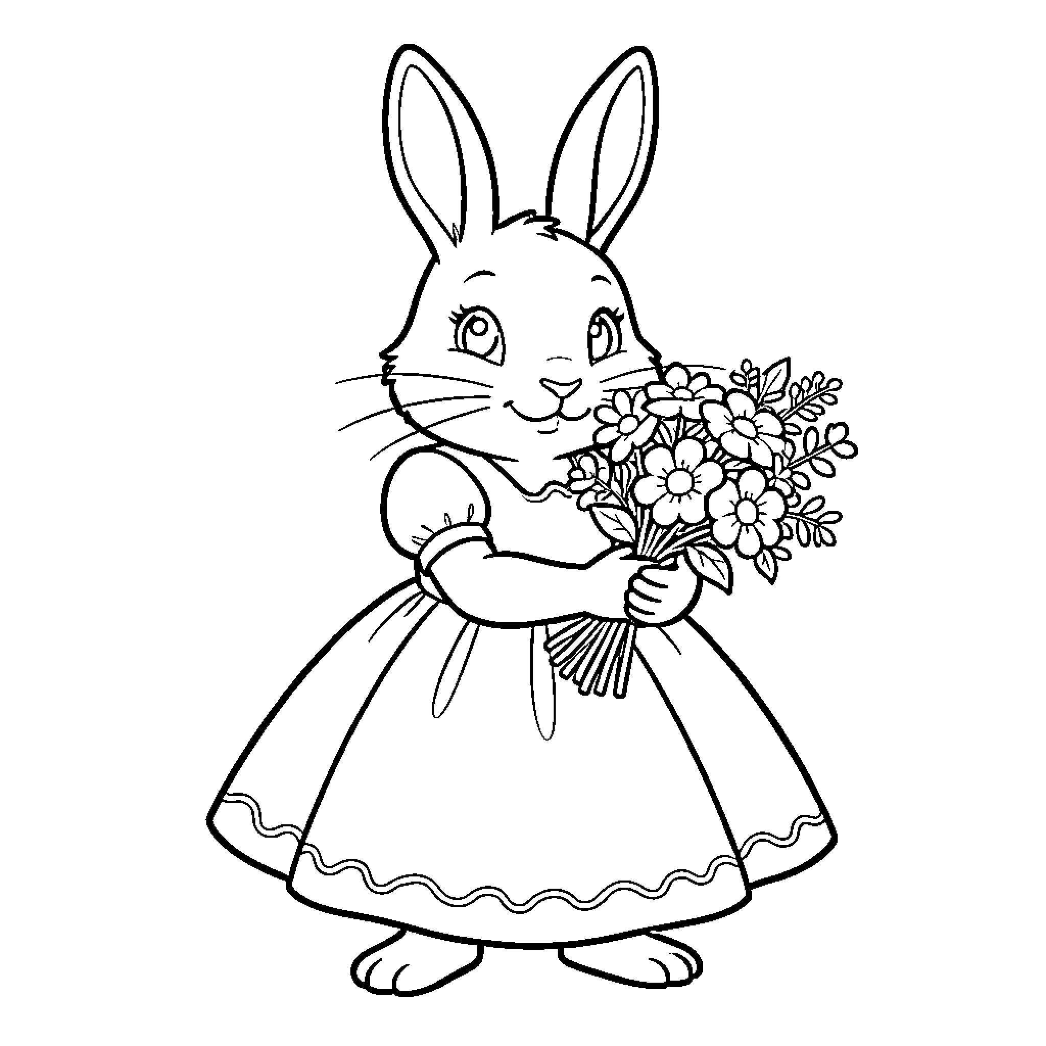 Rabbit wearing a dress holding a bouquet of flowers Coloring Page (free black-and-white line drawing printable PDF for all, from beginners to advanced learners, including children, teens, adults, and seniors)
