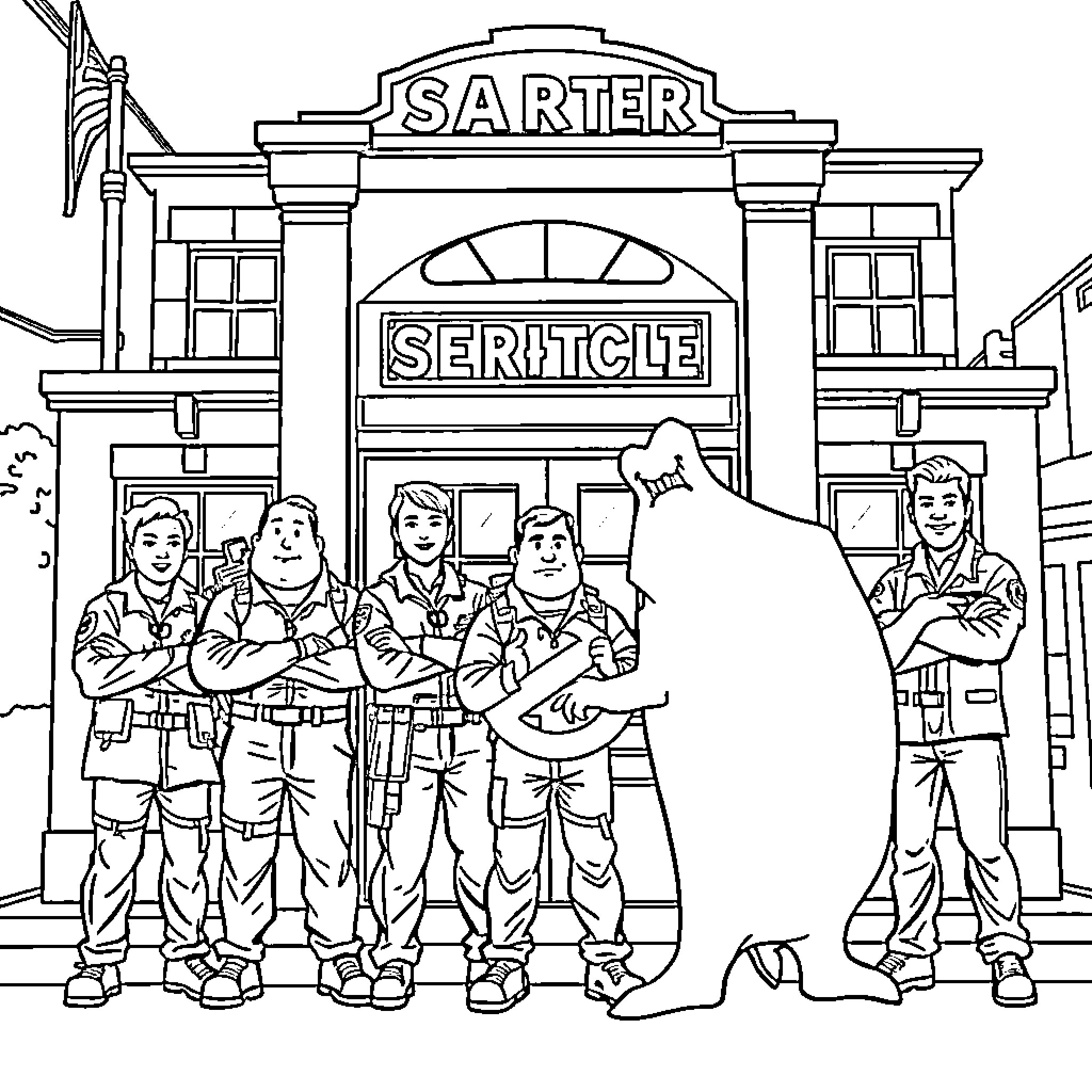 Ghostbusters team stands before their headquarters Coloring Page (free black-and-white line drawing printable PDF for all, from beginners to advanced learners, including children, teens, adults, and seniors)