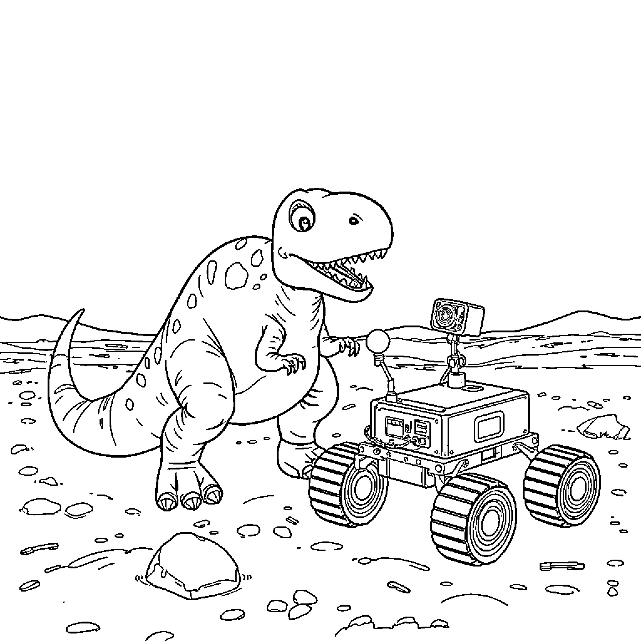 Ankylosaurus exploring with a robotic vehicle Coloring Page (free black-and-white line drawing printable PDF for all, from beginners to advanced learners, including children, teens, adults, and seniors)