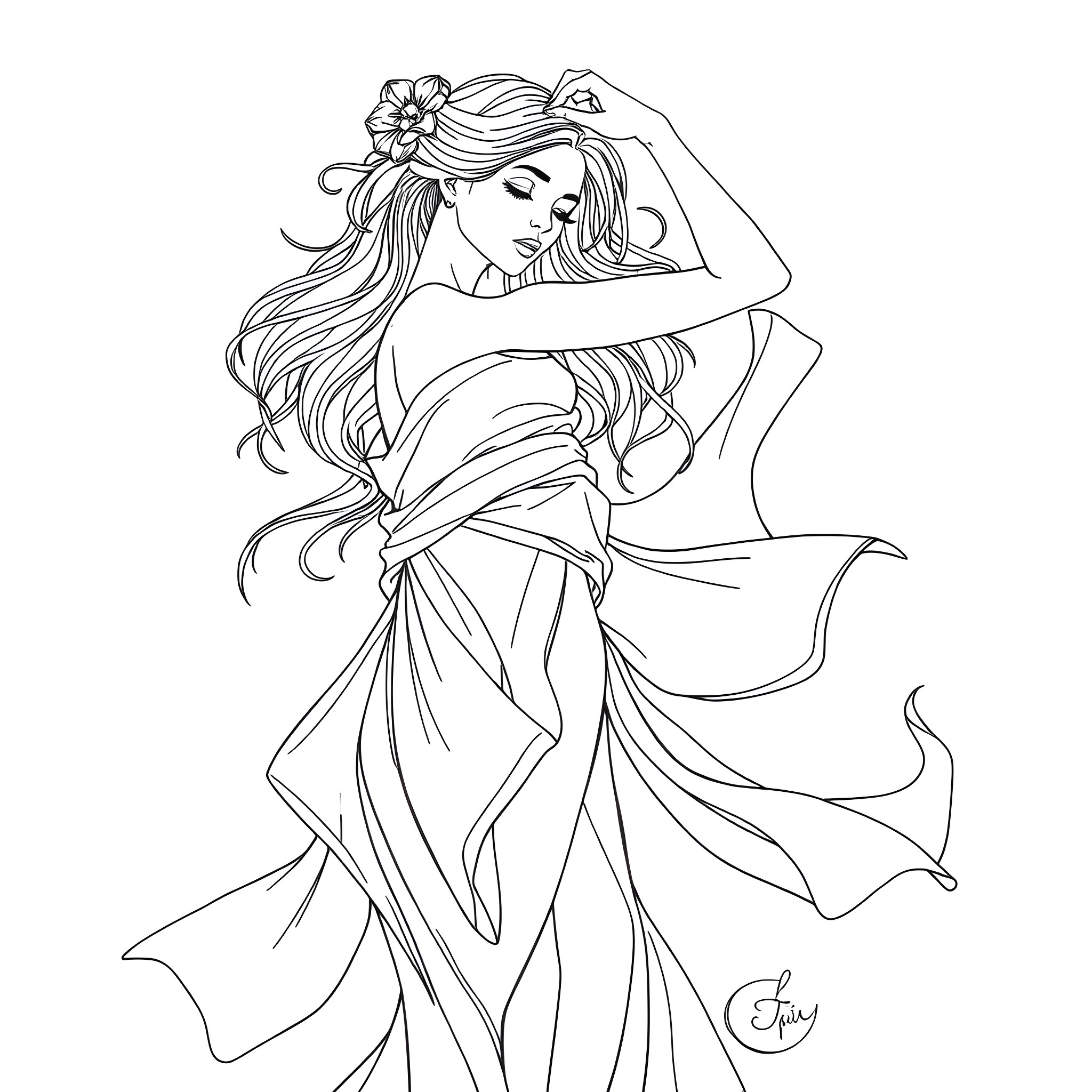 Girl dancing gracefully in flowing dress Coloring Page (free black-and-white line drawing printable PDF for all, from beginners to advanced learners, including children, teens, adults, and seniors)