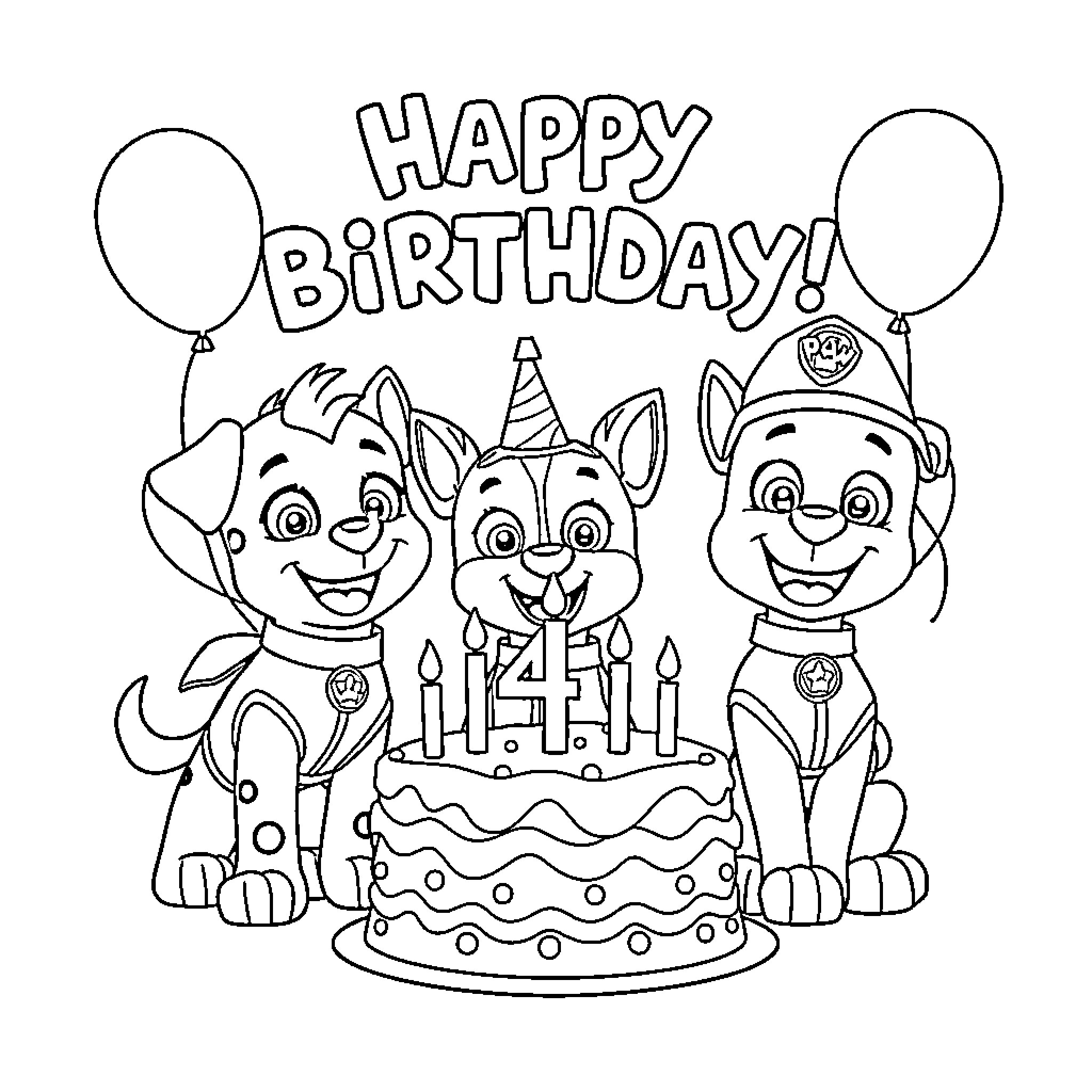 Paw Patrol characters celebrate happy birthday Coloring Page (free black-and-white line drawing printable PDF for all, from beginners to advanced learners, including children, teens, adults, and seniors)
